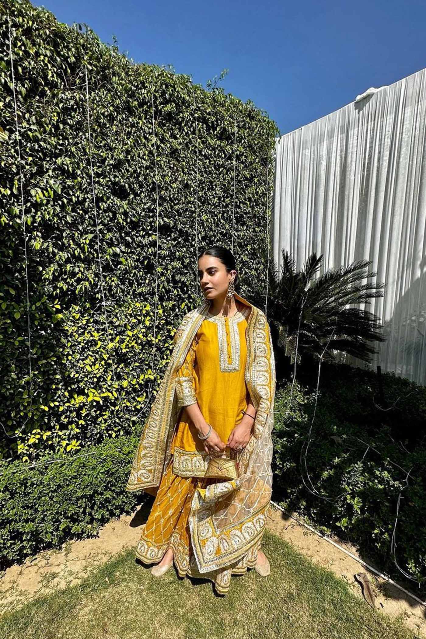 Heena Bhalla IN Shabina- Glaze Mustard short kurta with garara and dupatta
