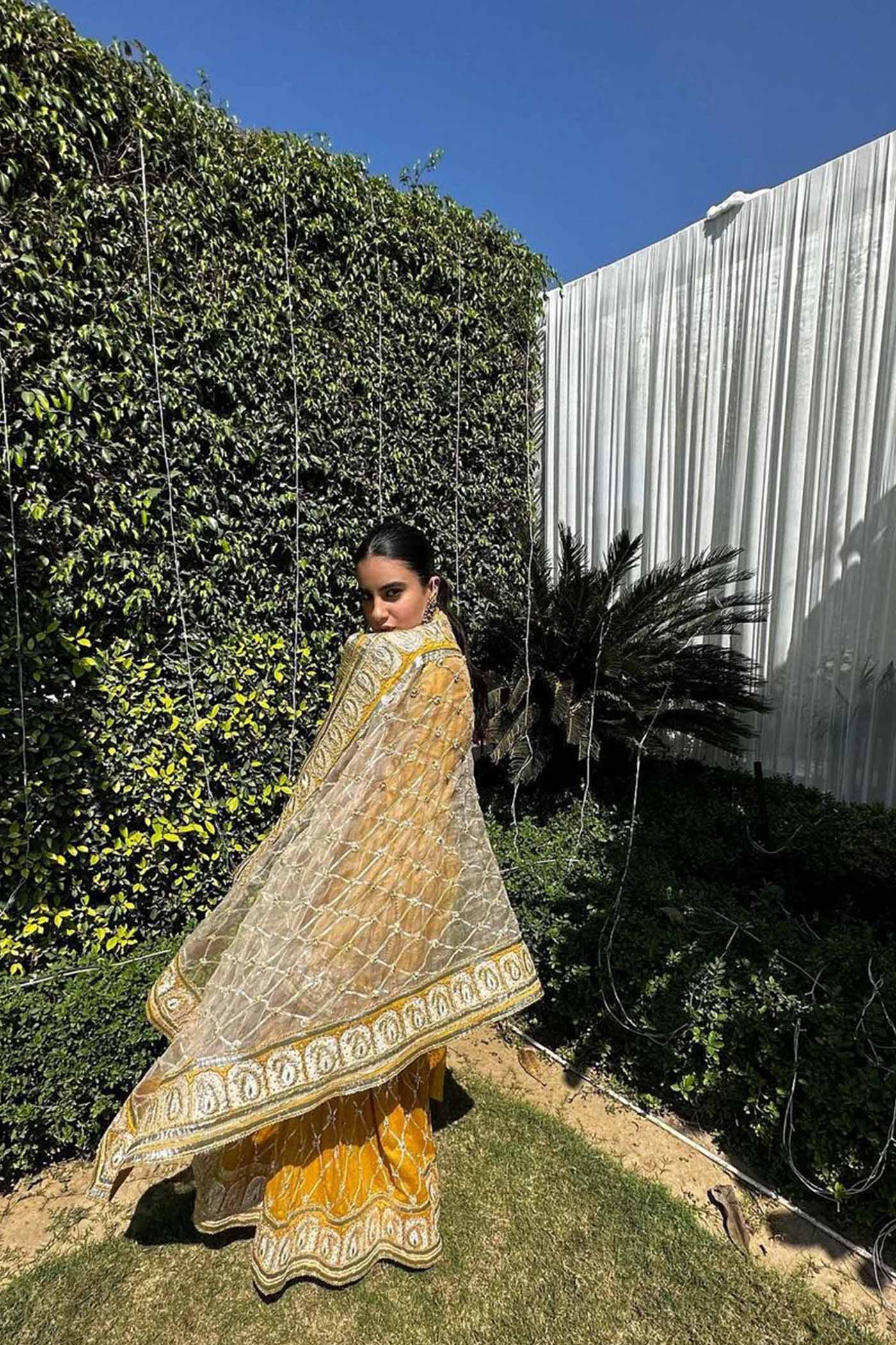 Heena Bhalla IN Shabina- Glaze Mustard short kurta with garara and dupatta