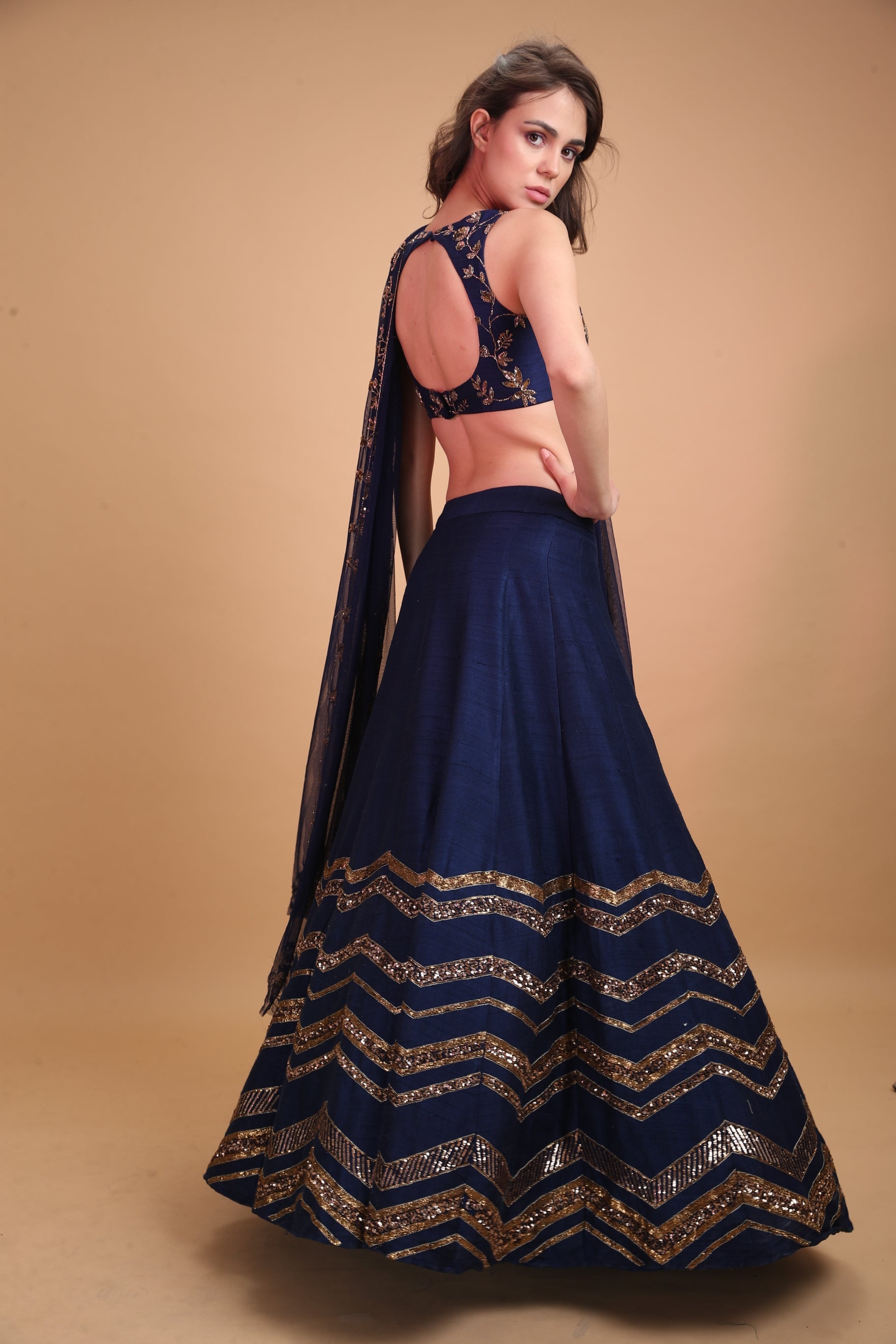 Dark Blue Geometrical Zari Lehenga