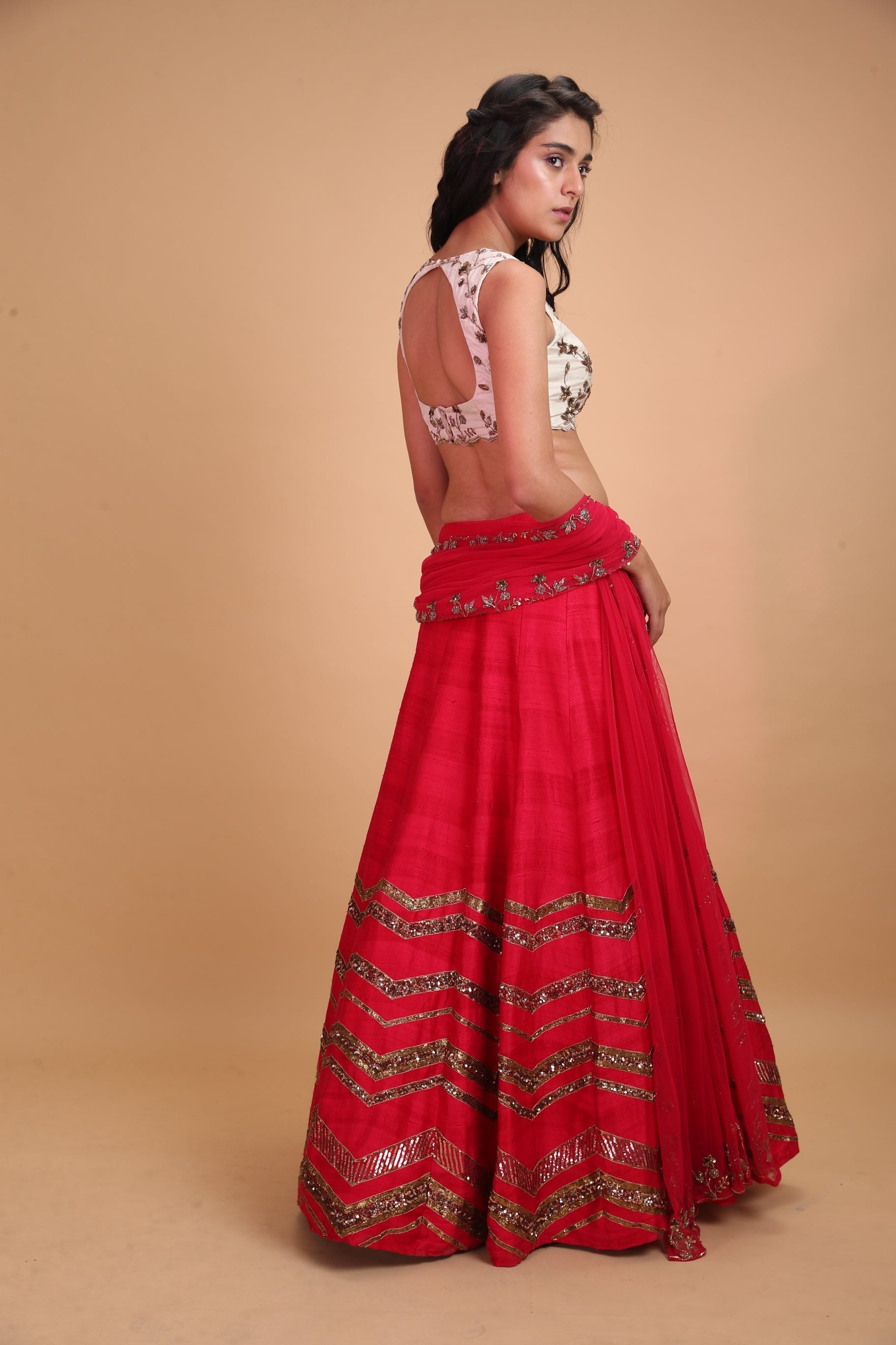 Dark Pink Geometrical Zari Lehenga