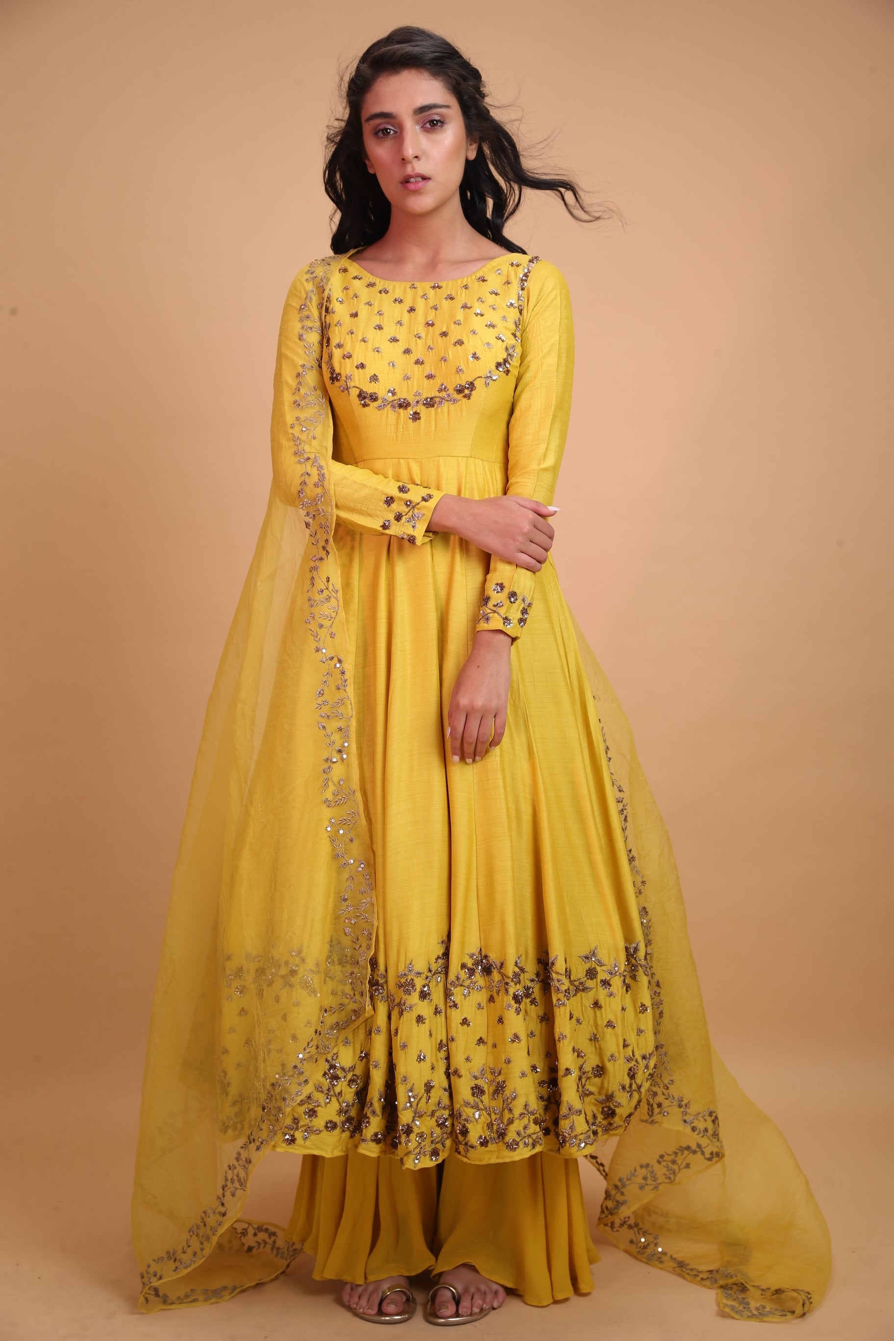 Yellow Mustard Anarkali With Yellow Dupatta