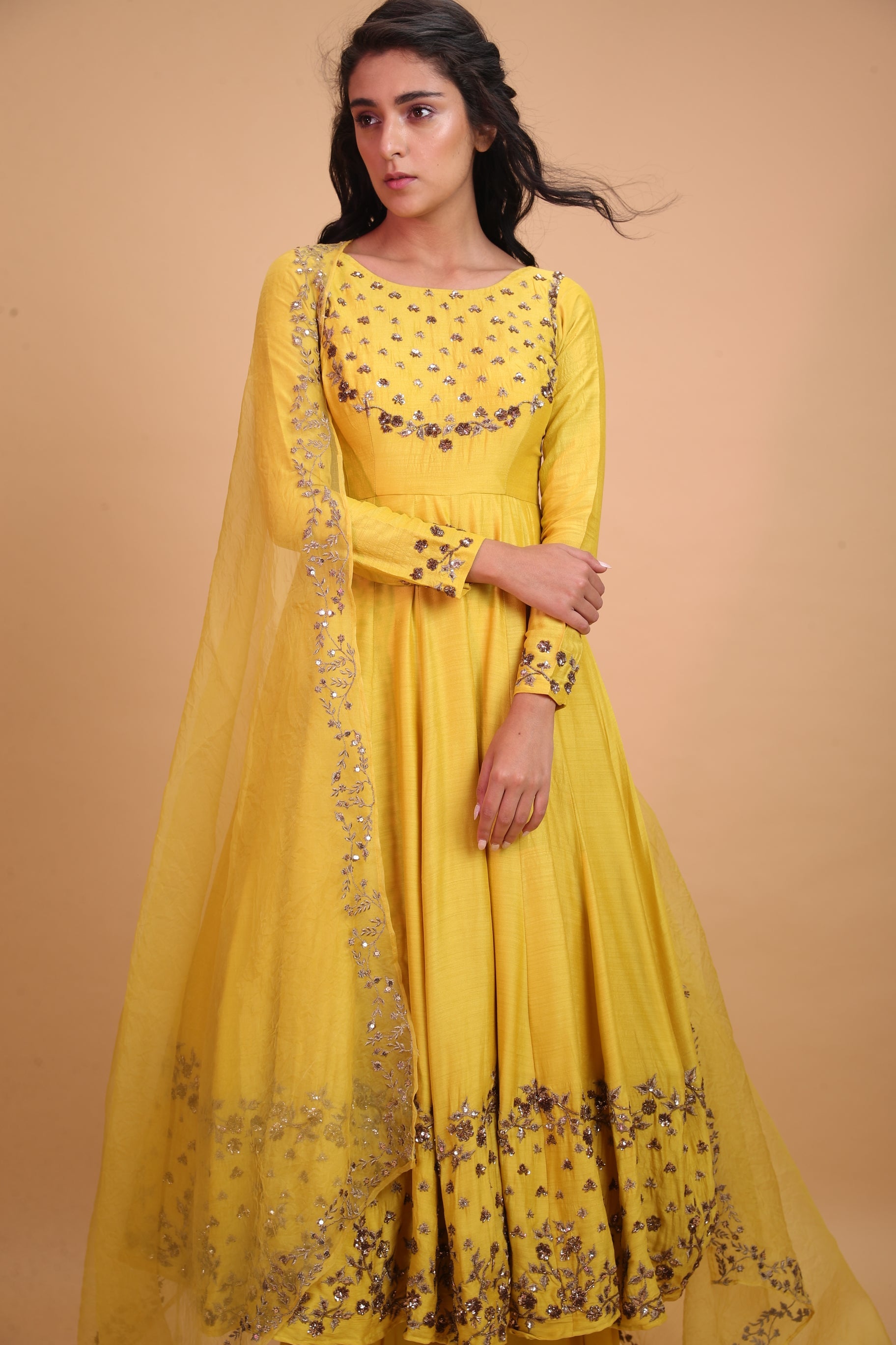 Yellow Mustard Anarkali With Yellow Dupatta