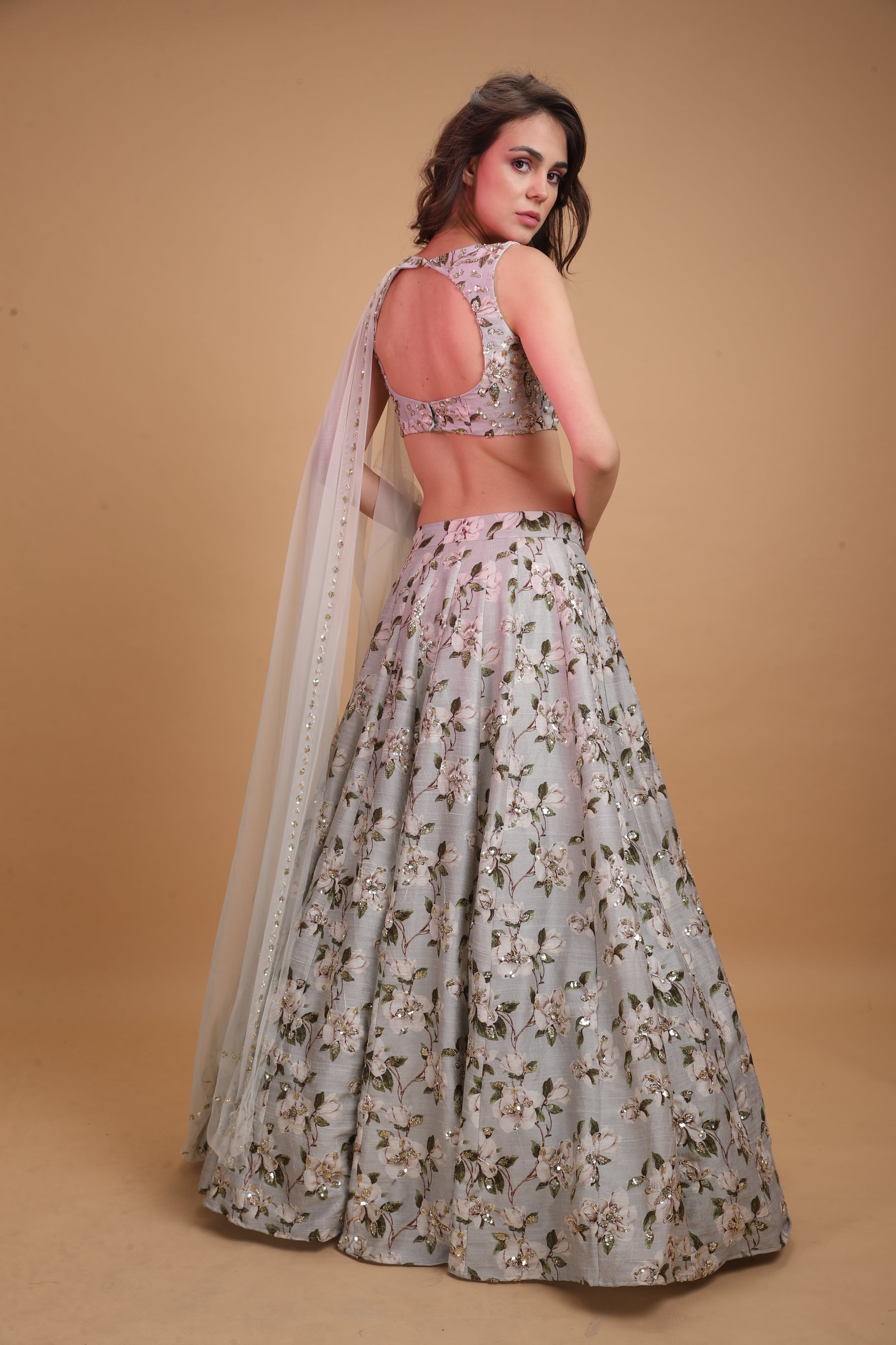 Powder Blue Raw Silk Printed Lehenga