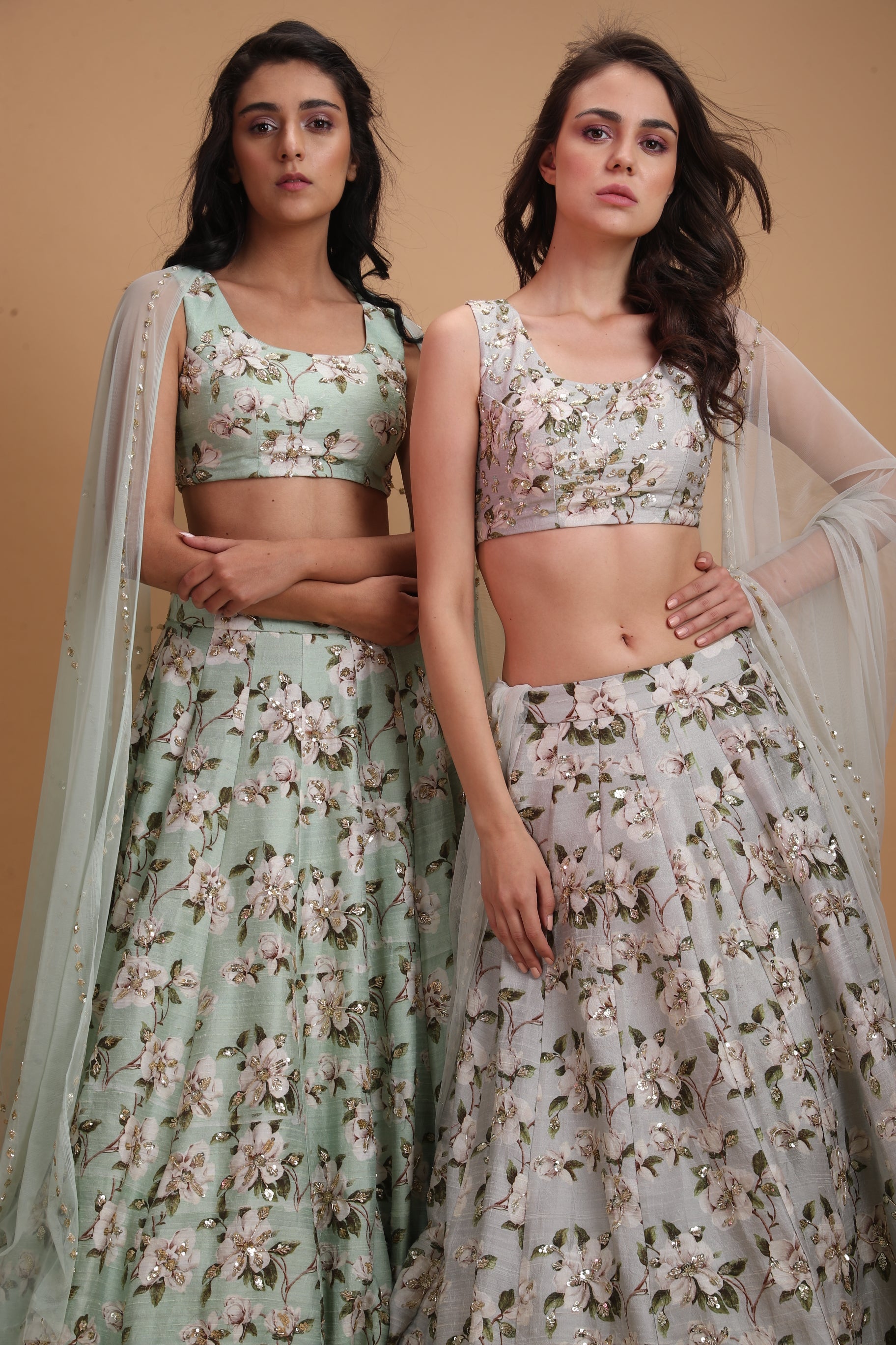 Powder Blue Raw Silk Printed Lehenga
