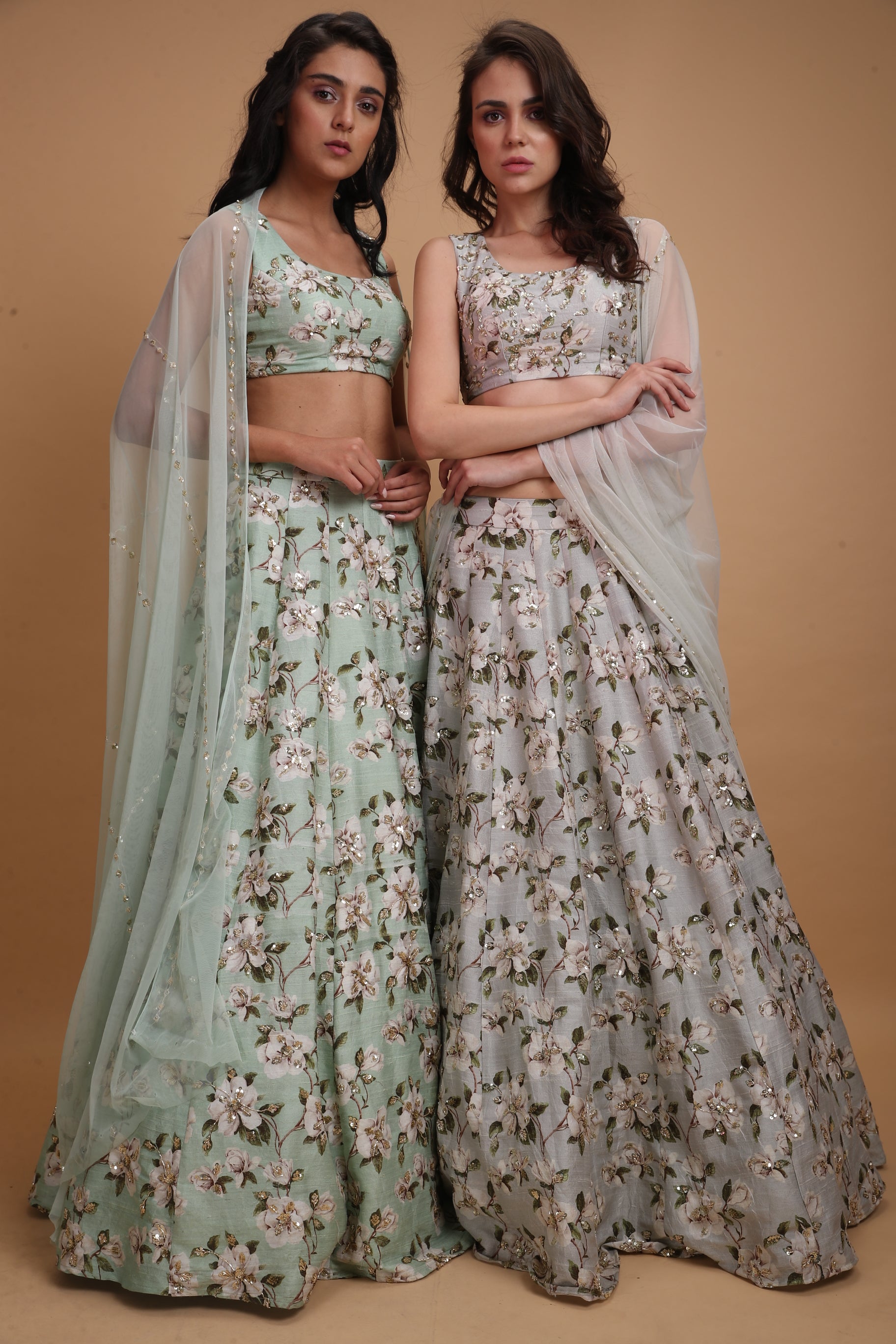 Mint Green Raw Silk Printed Lehenga