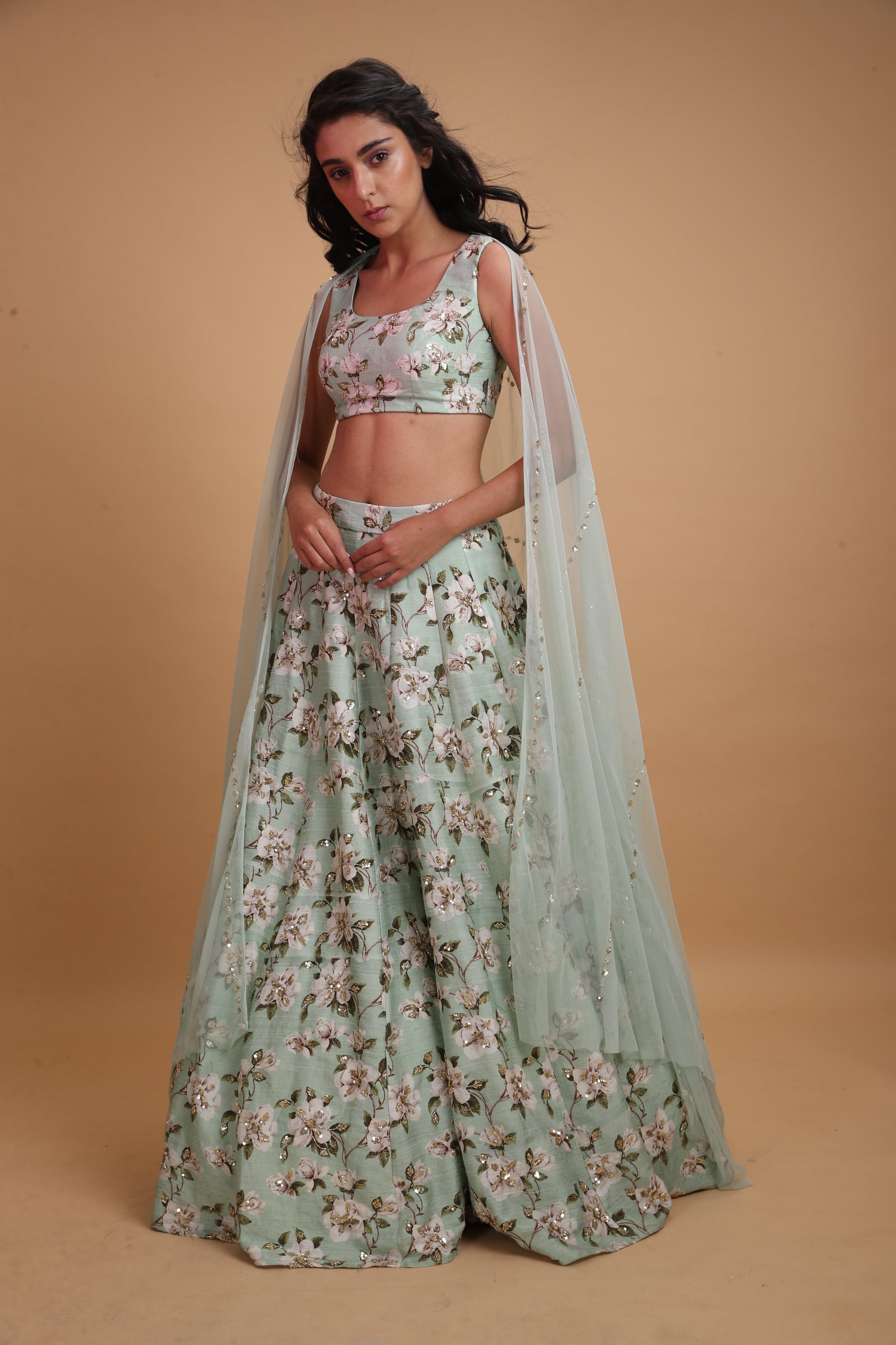Mint Green Raw Silk Printed Lehenga