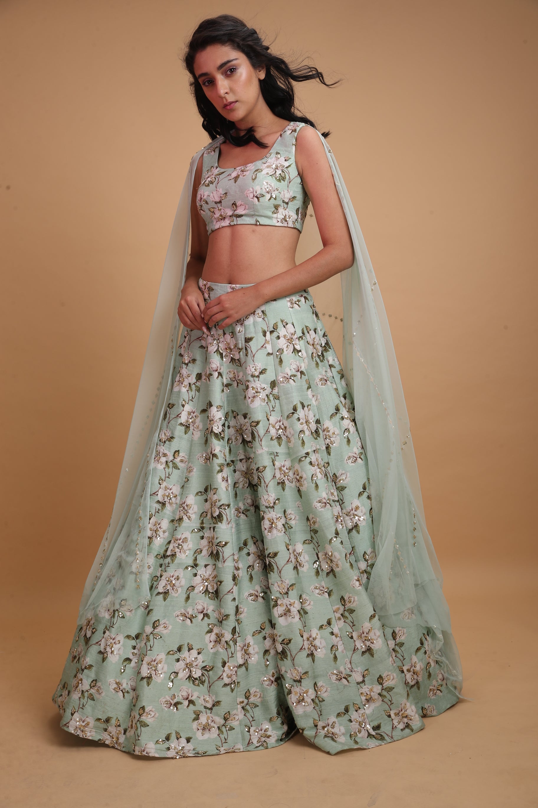 Mint Green Raw Silk Printed Lehenga