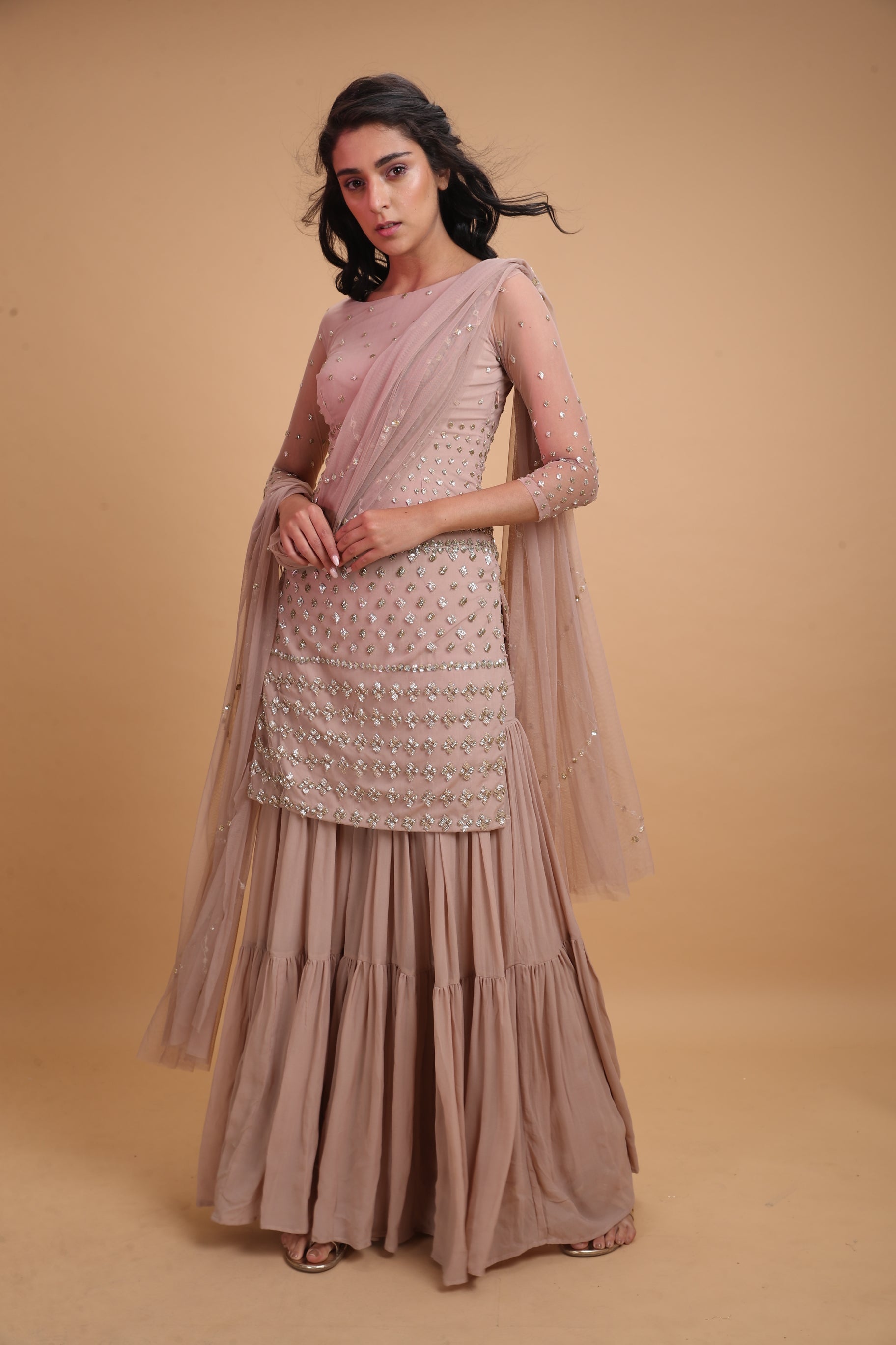 Pale Pink Net Kurti With Sharara Set