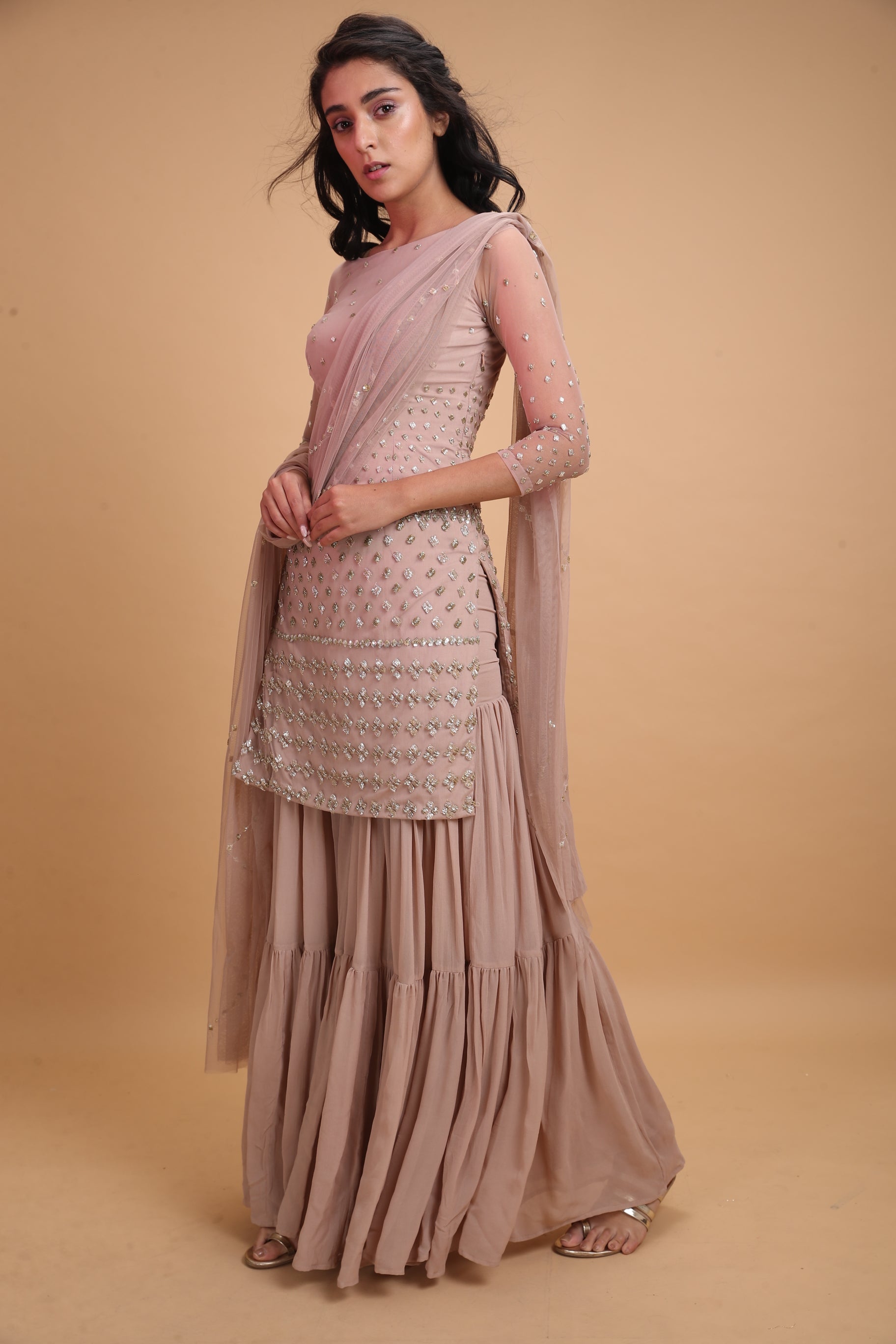 Pale Pink Net Kurti With Sharara Set