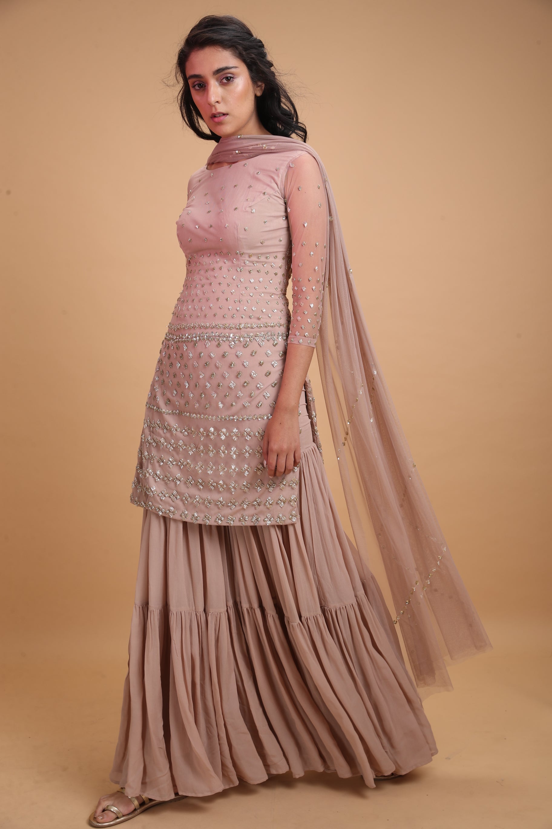 Pale Pink Net Kurti With Sharara Set
