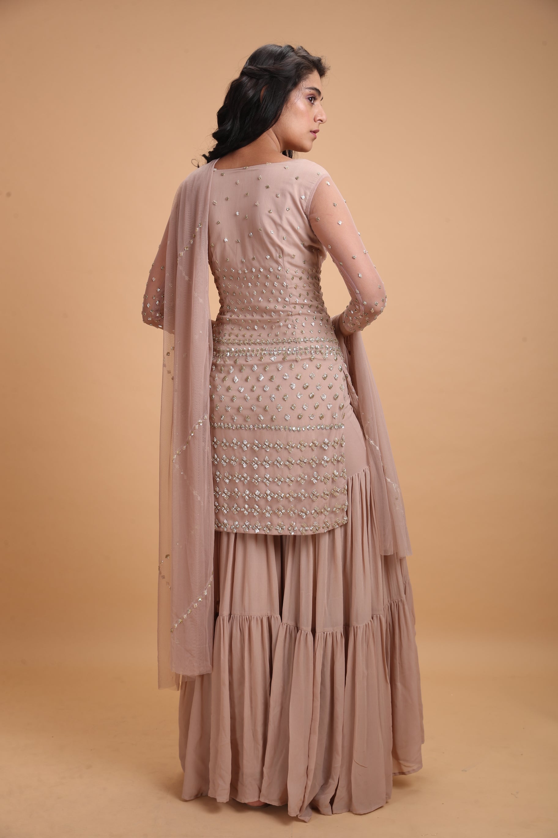 Pale Pink Net Kurti With Sharara Set
