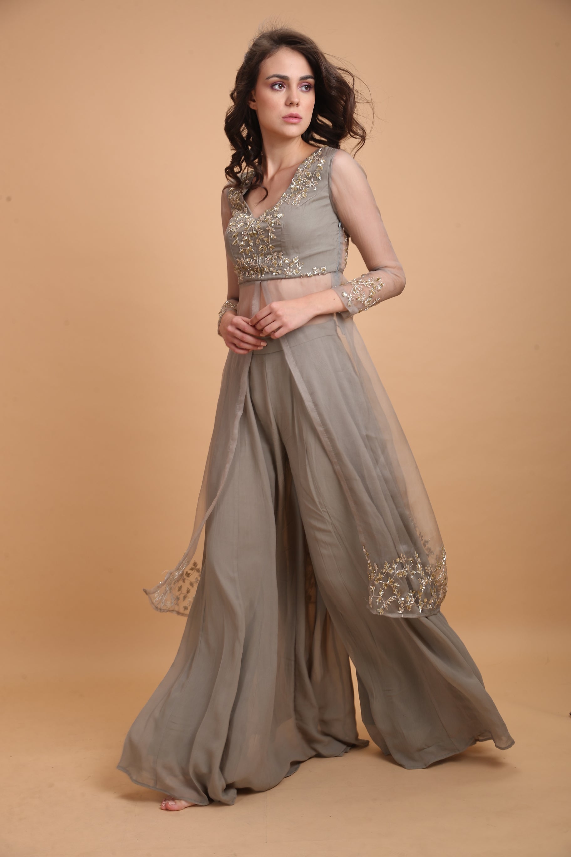 Grey Organza Jacket With Georgette Pants