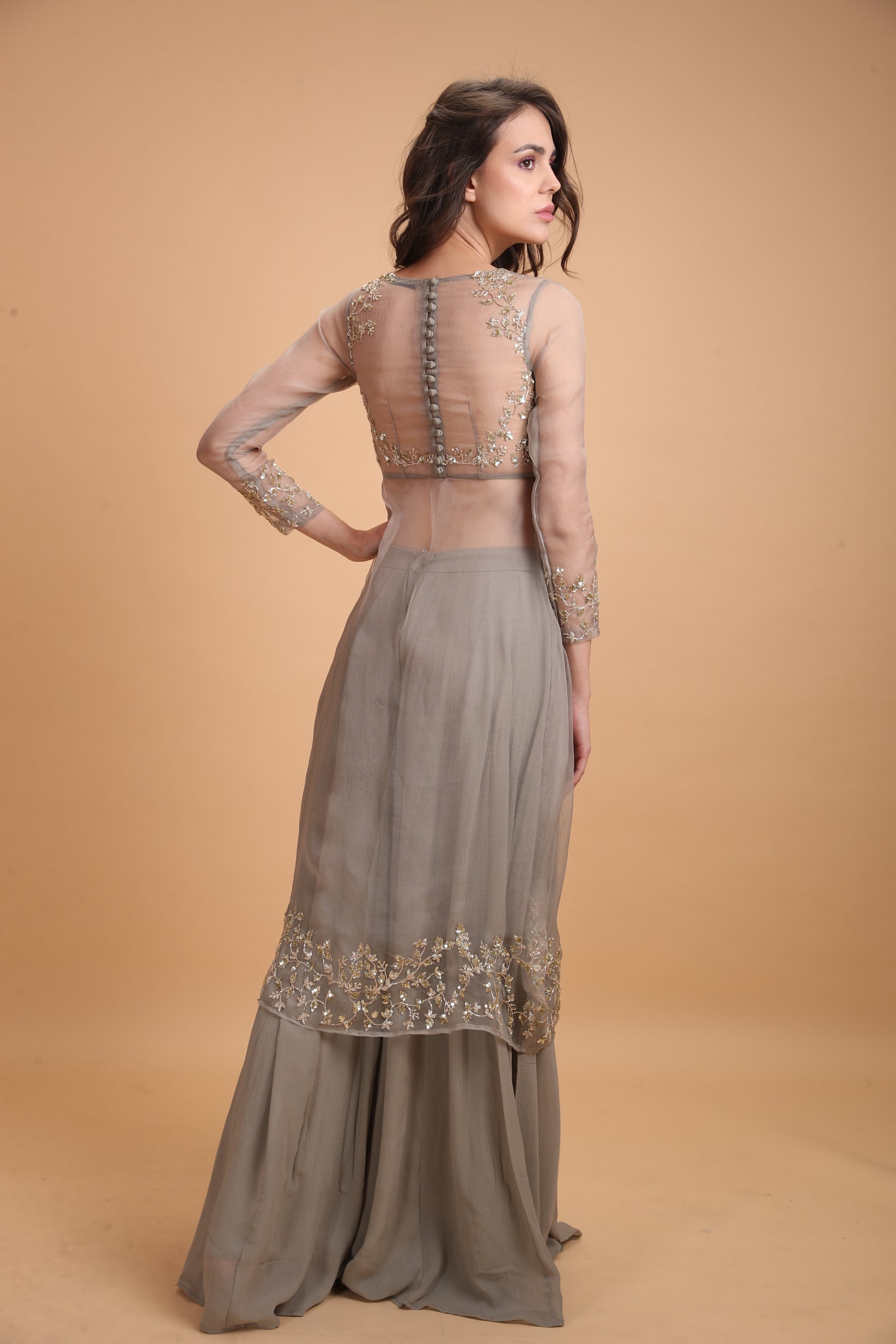 Grey Organza Jacket With Georgette Pants