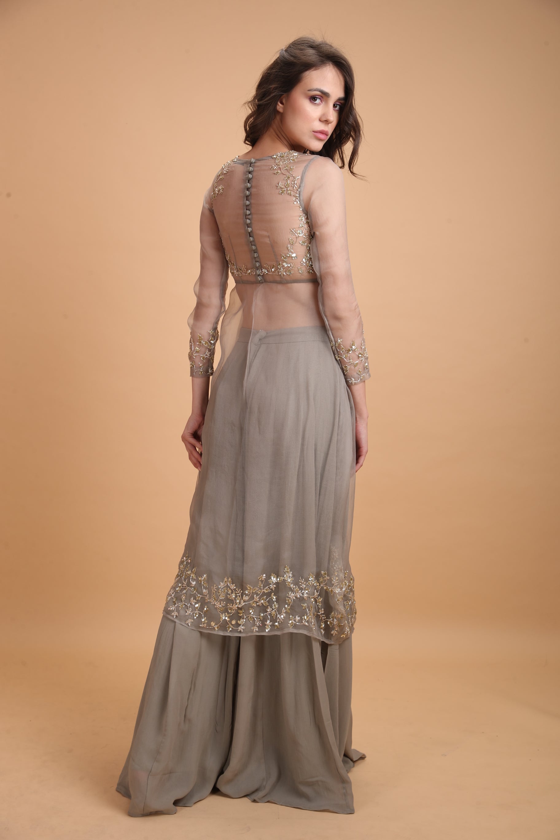 Grey Organza Jacket With Georgette Pants