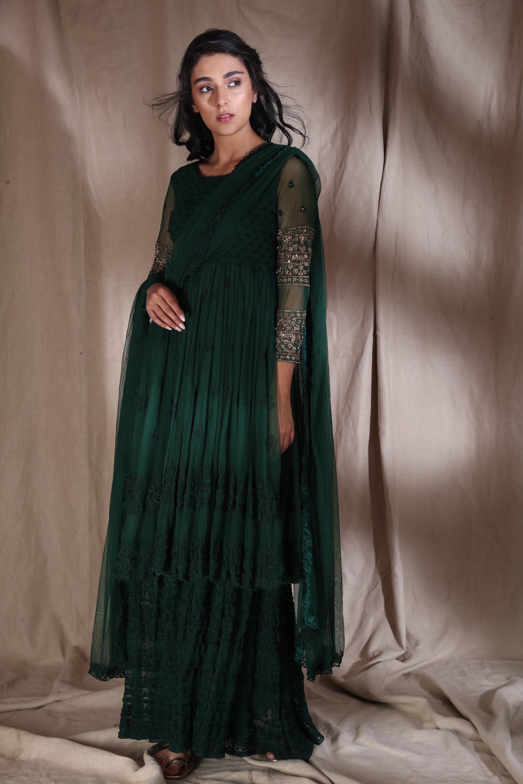 Emerald Green Threadwork With Jacket