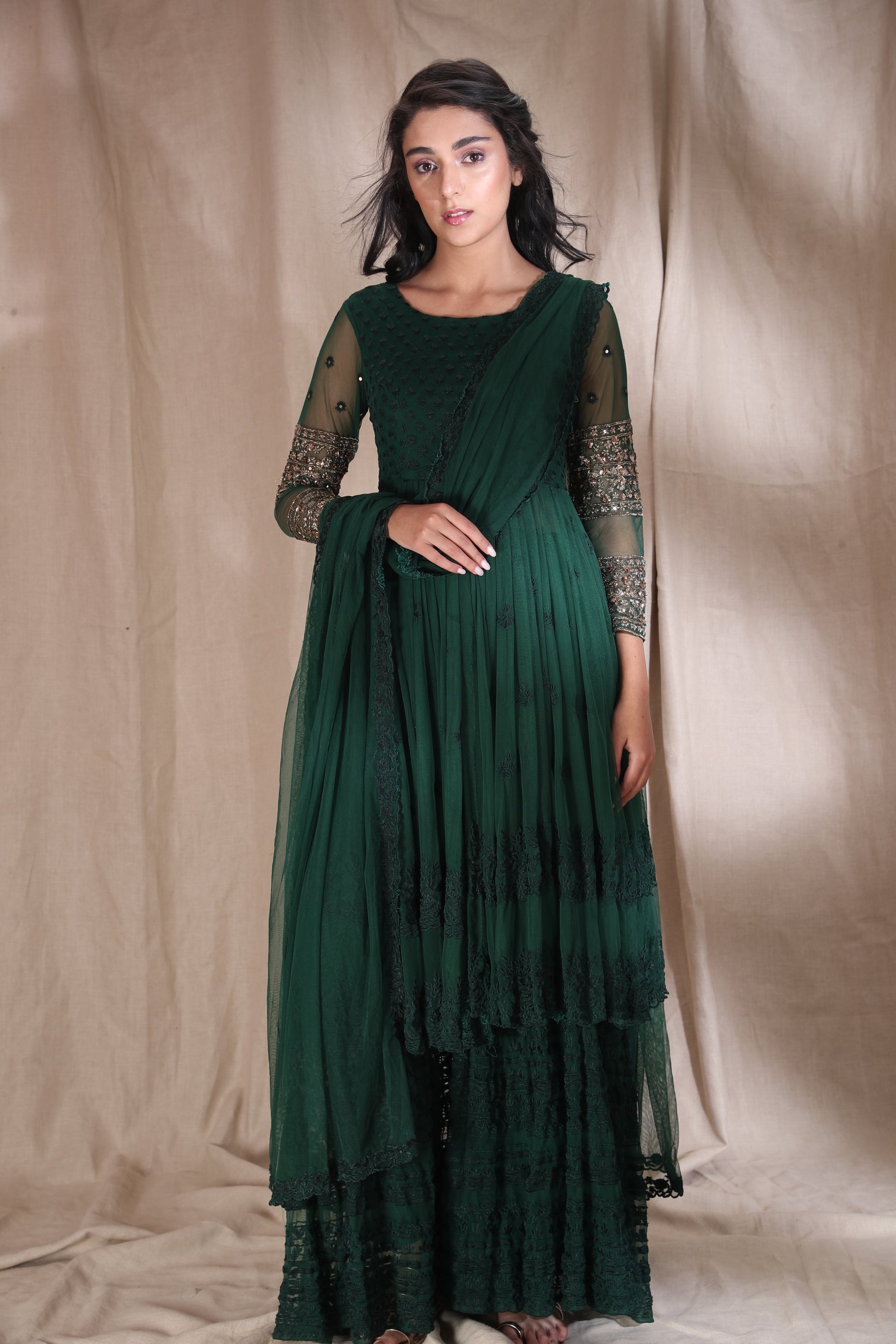 Emerald Green Threadwork With Jacket