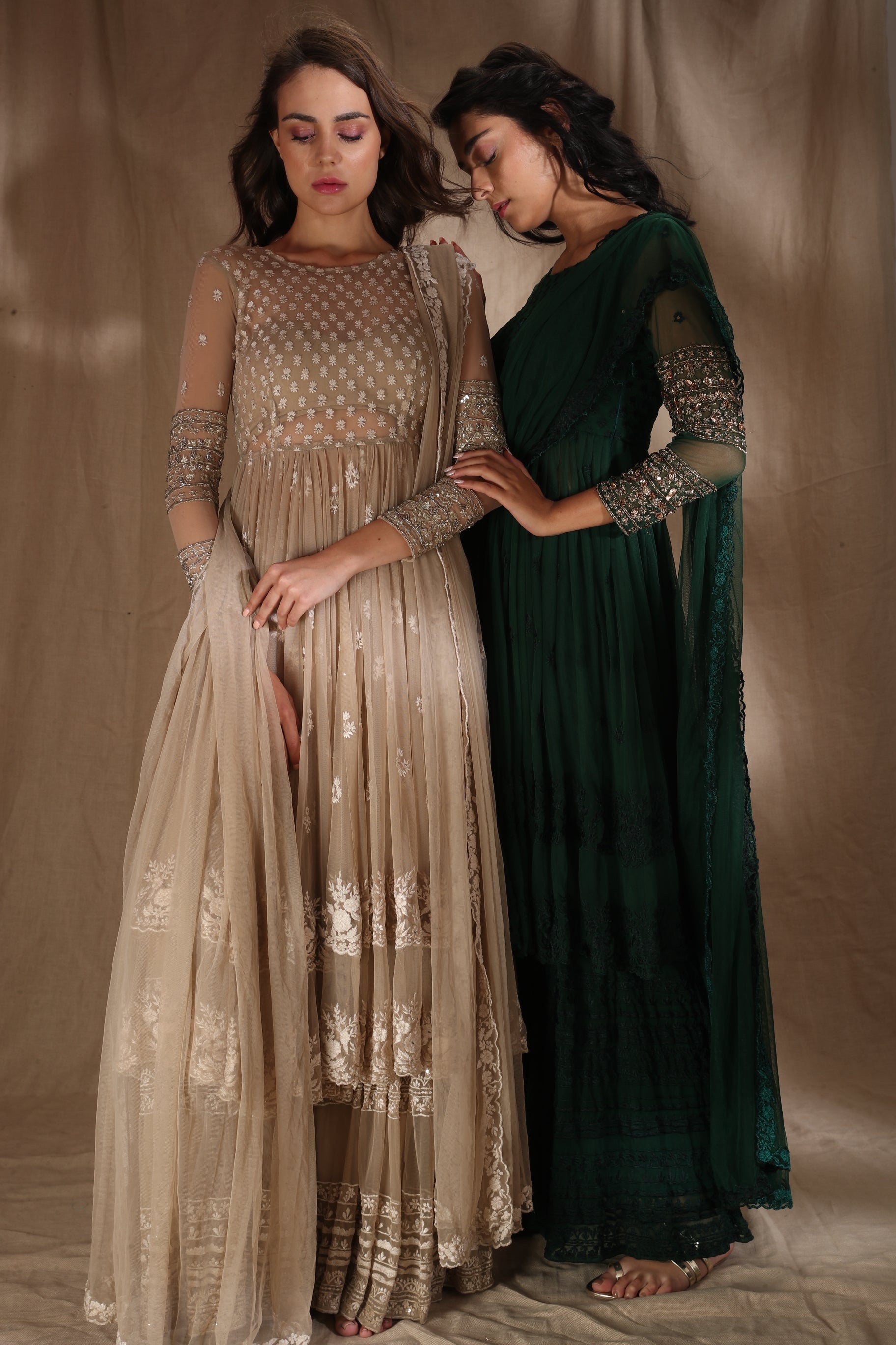 Beige Cream With Threadwork Jacket Set