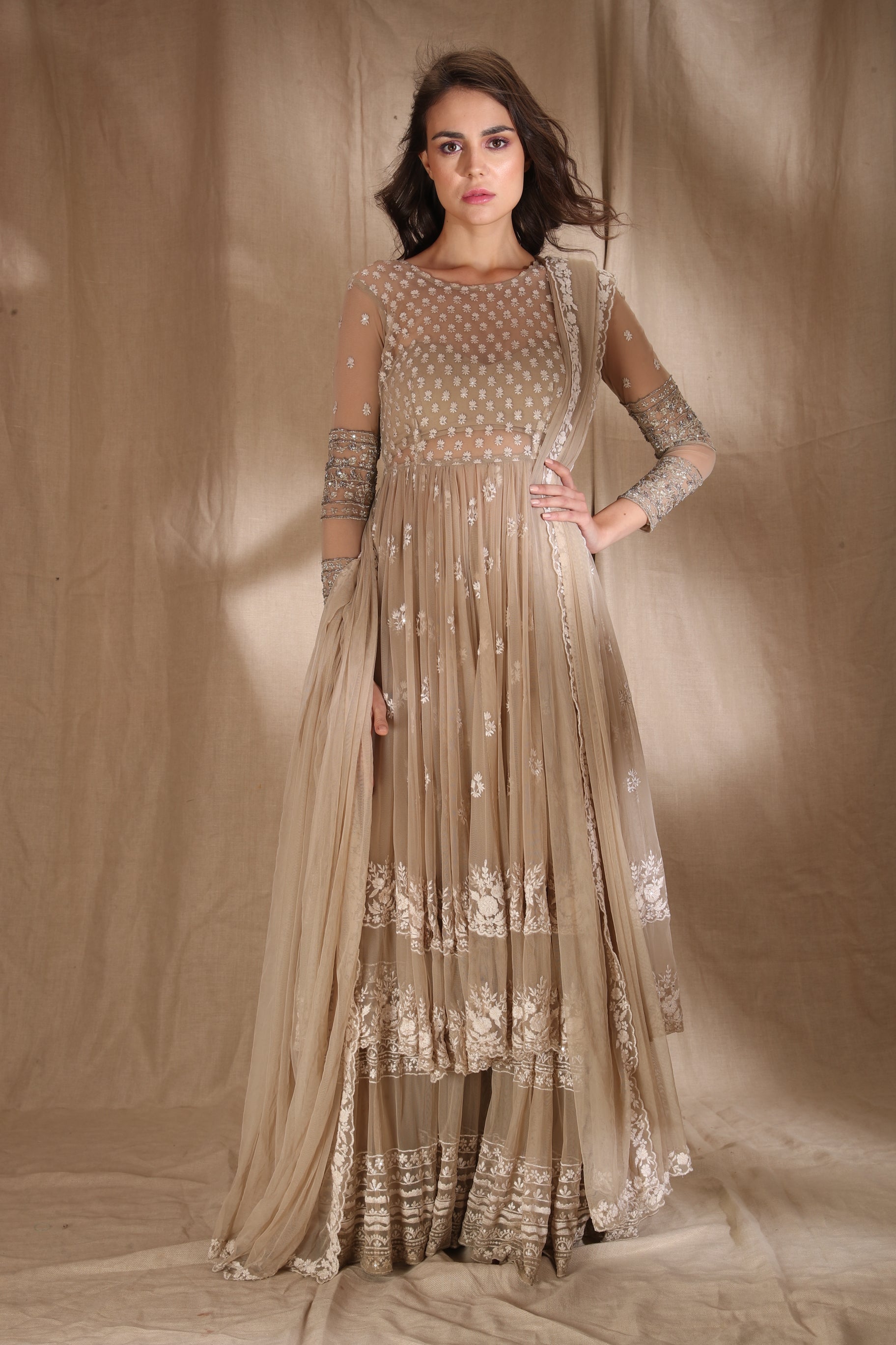 Beige Cream With Threadwork Jacket Set