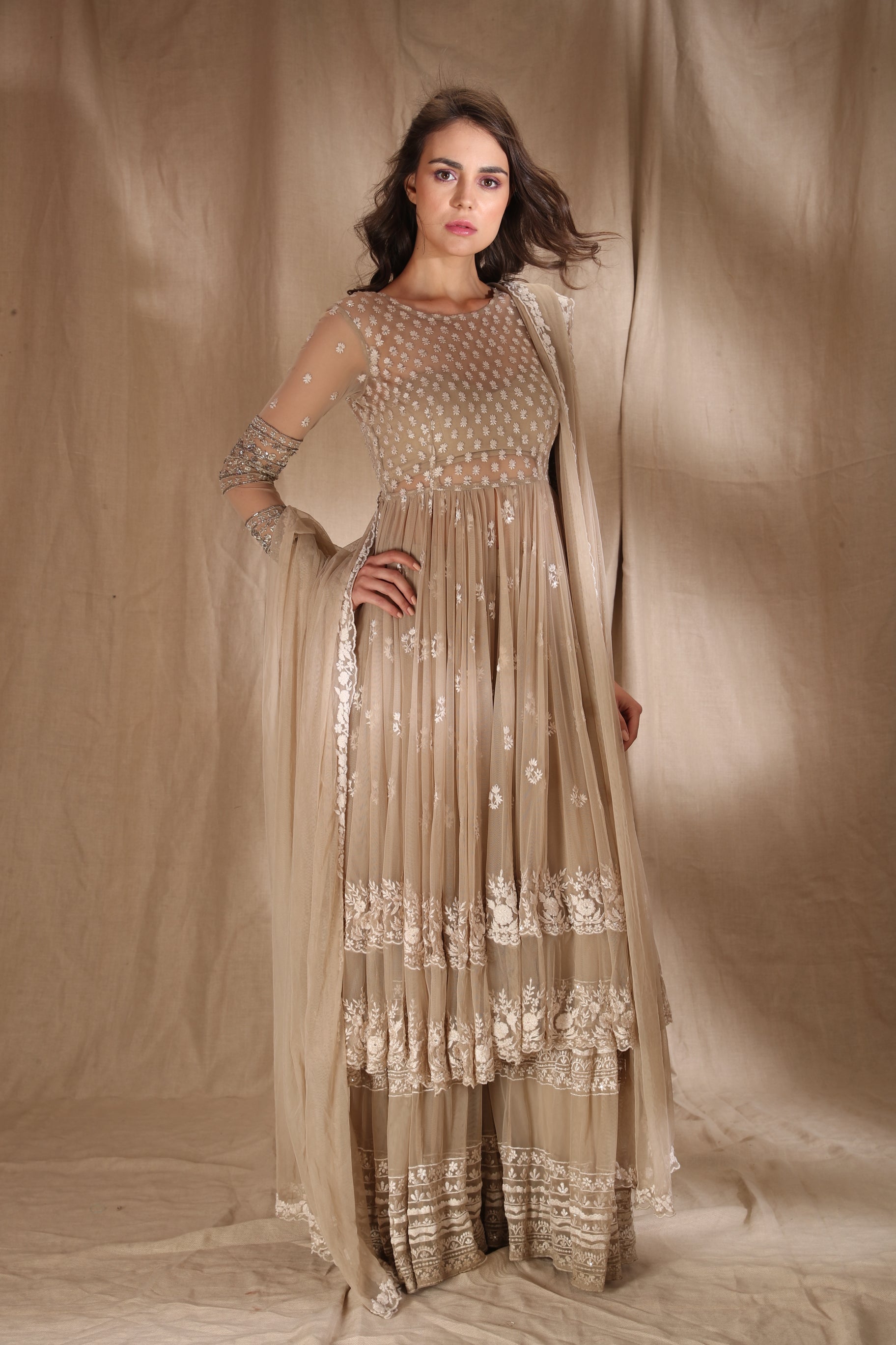 Beige Cream With Threadwork Jacket Set