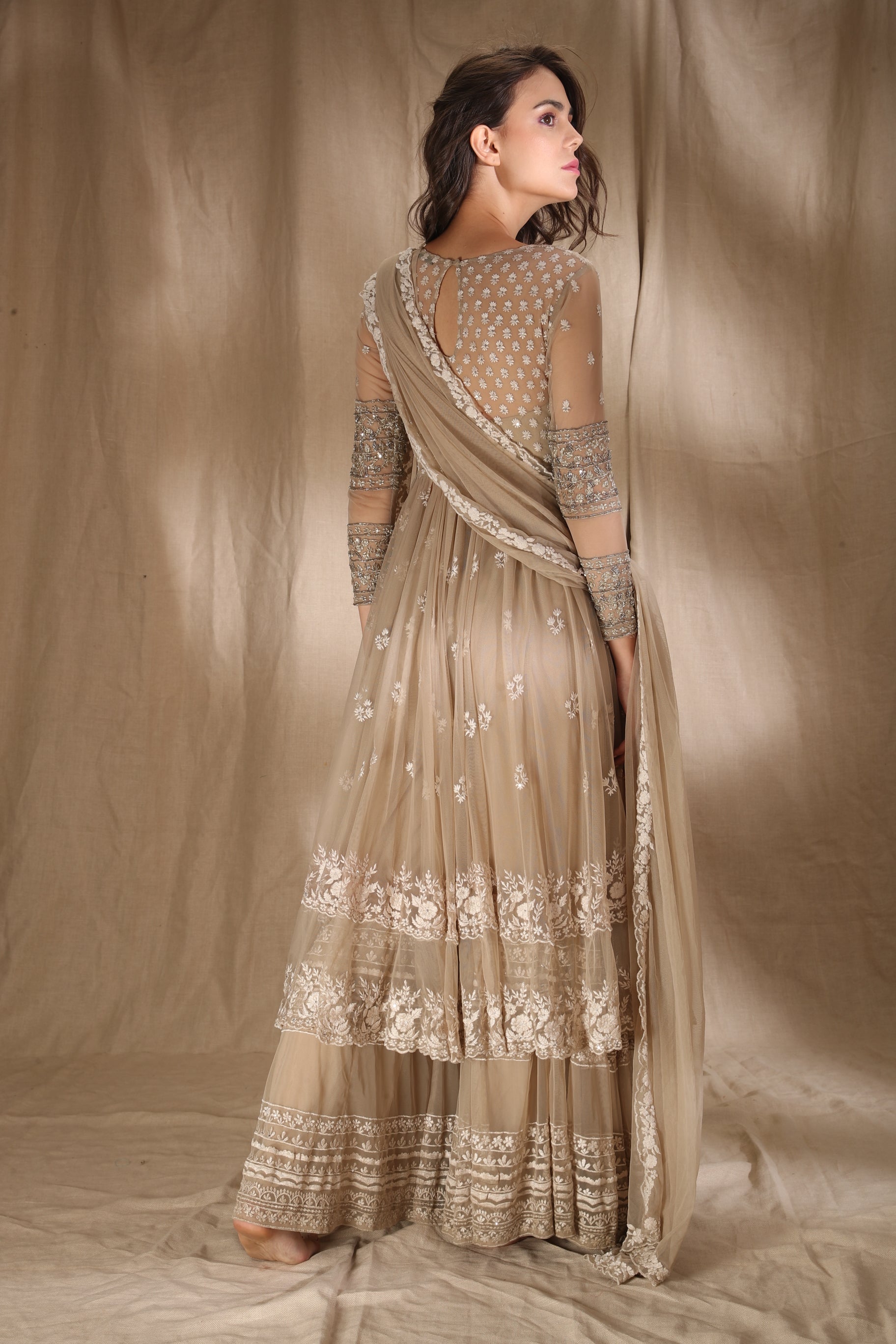 Beige Cream With Threadwork Jacket Set