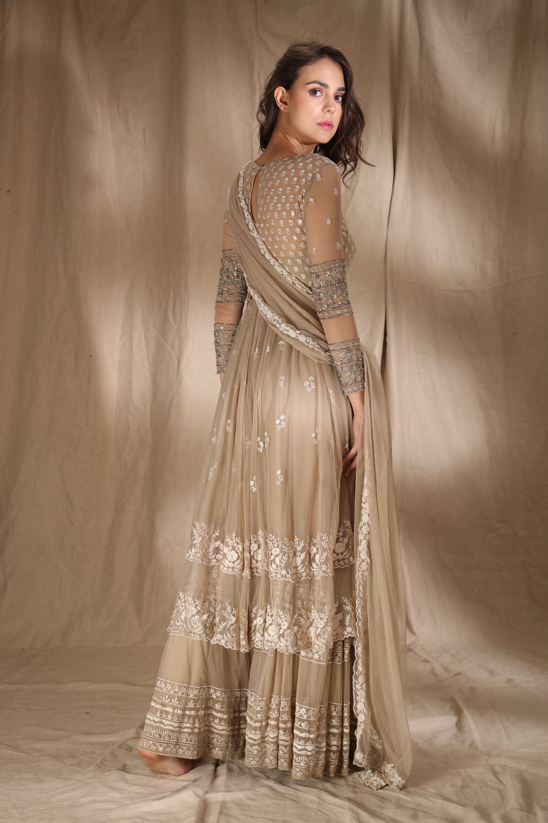 Beige Cream With Threadwork Jacket Set