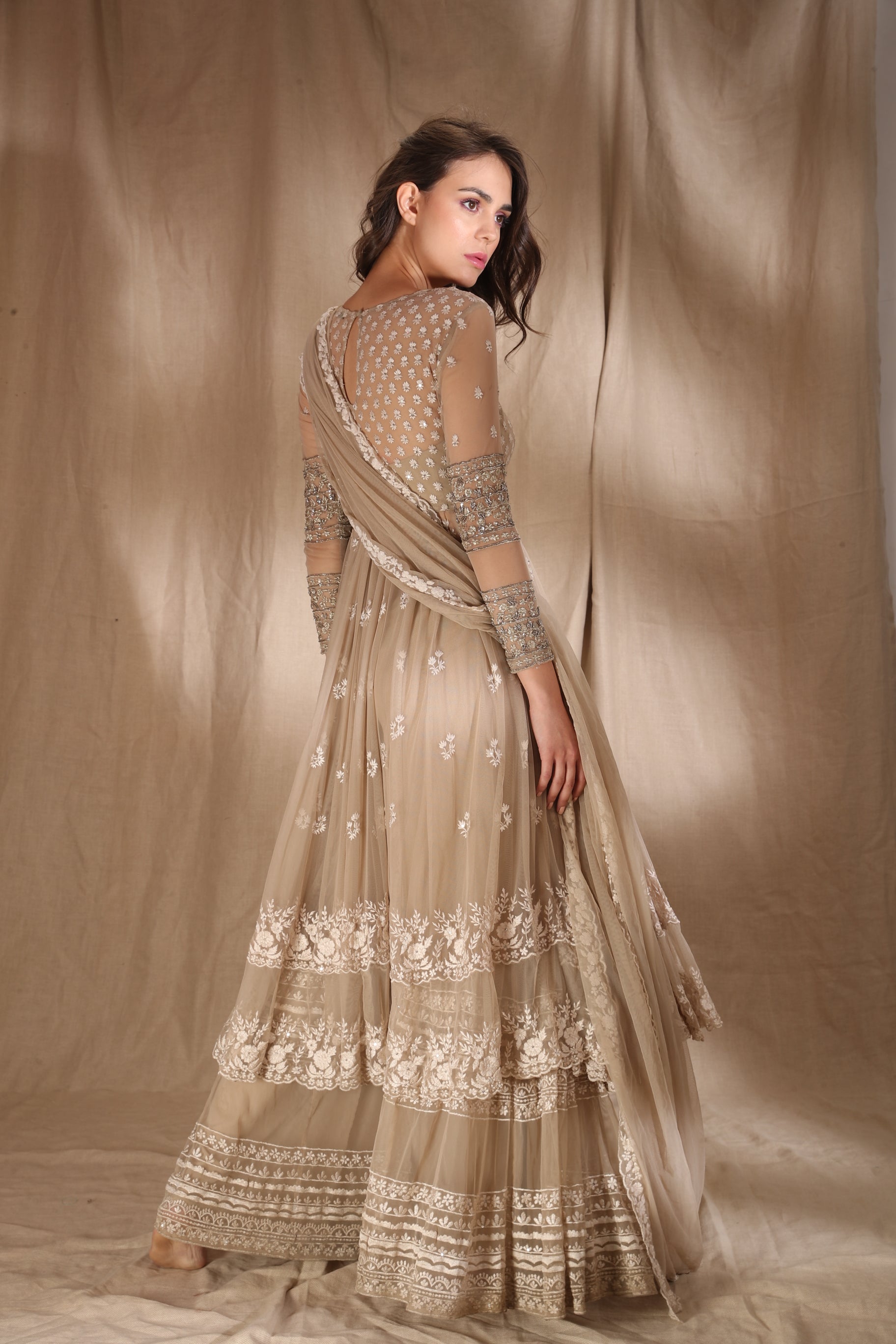 Beige Cream With Threadwork Jacket Set