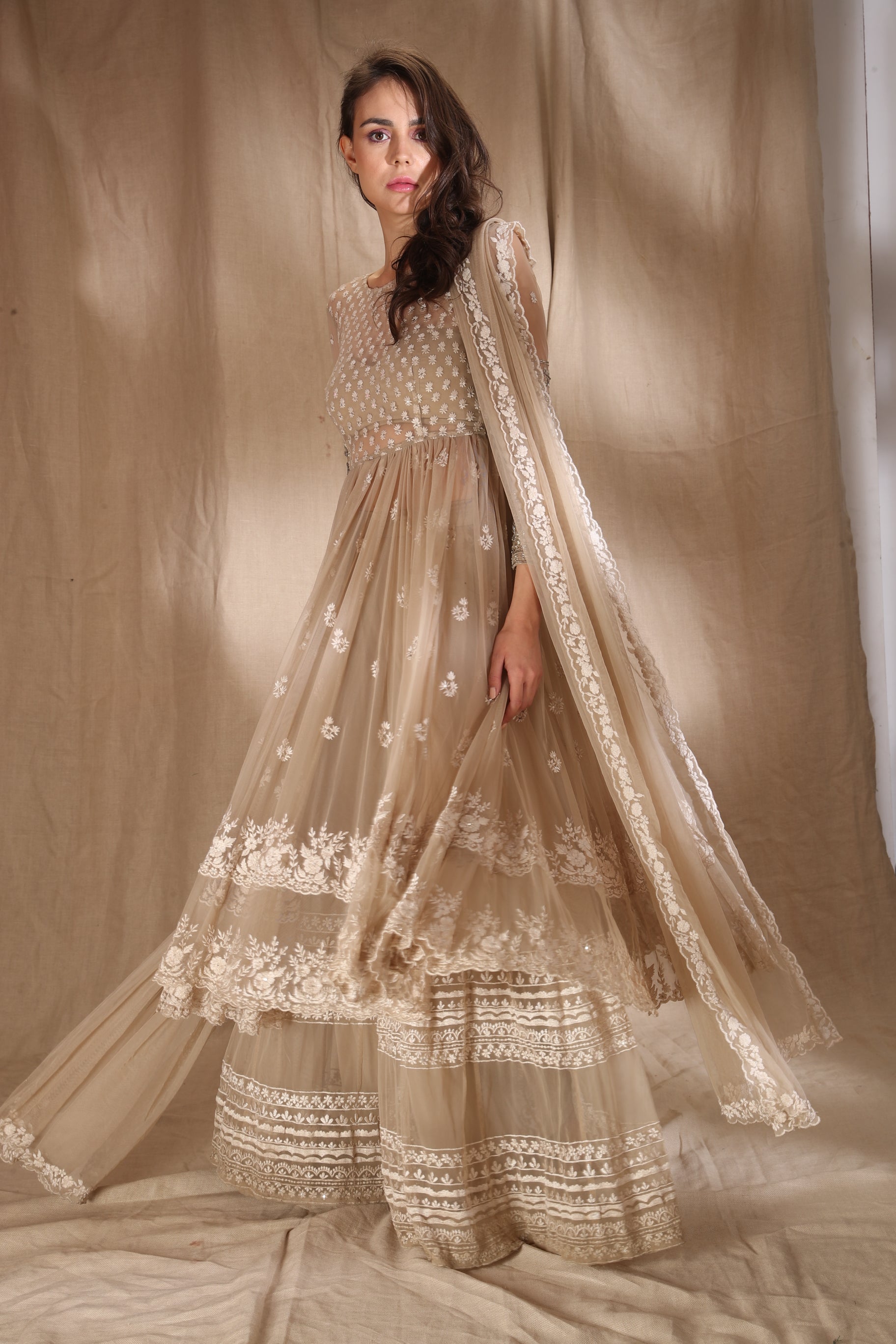 Beige Cream With Threadwork Jacket Set
