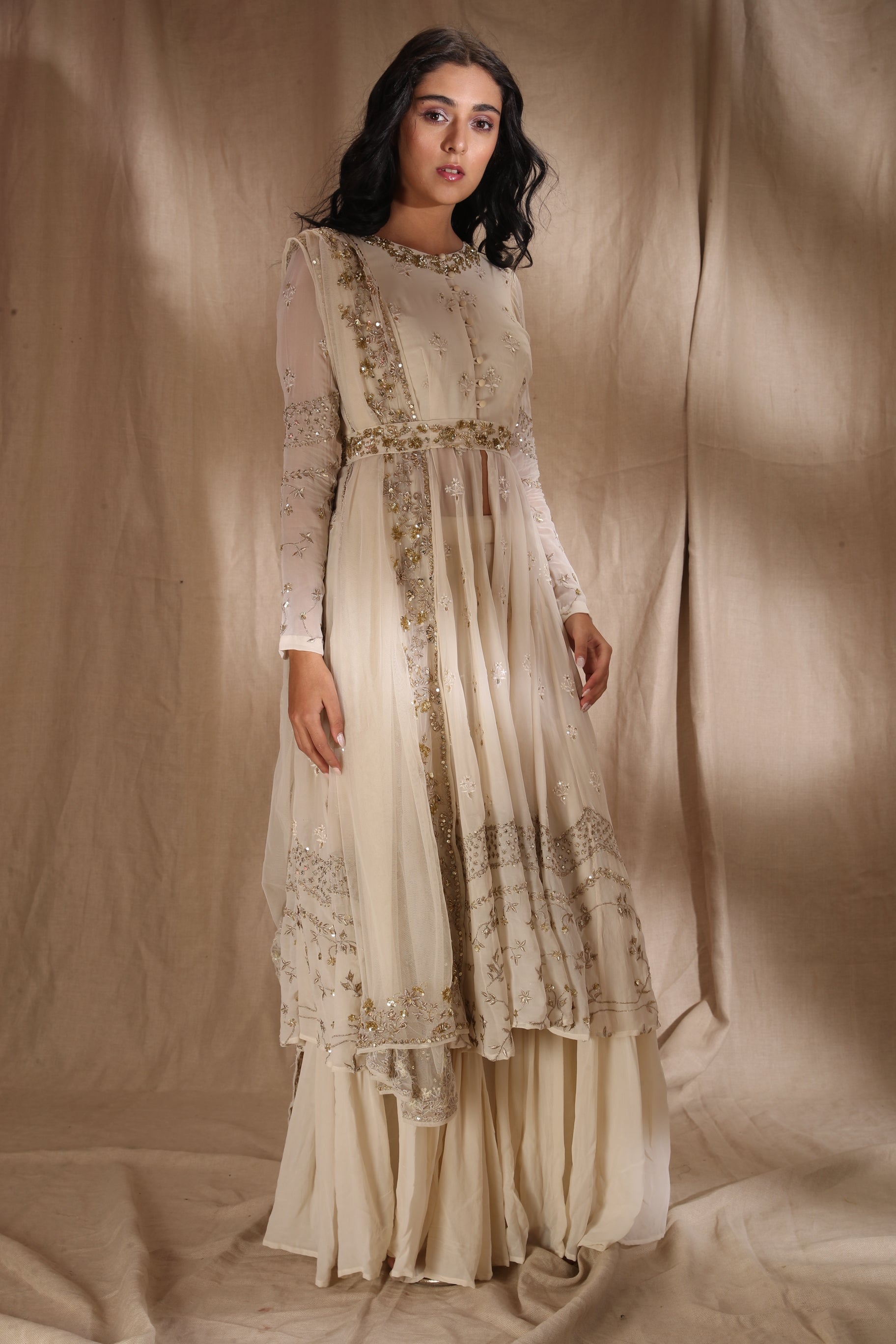White And Gold Zari Front Open Jacket Set