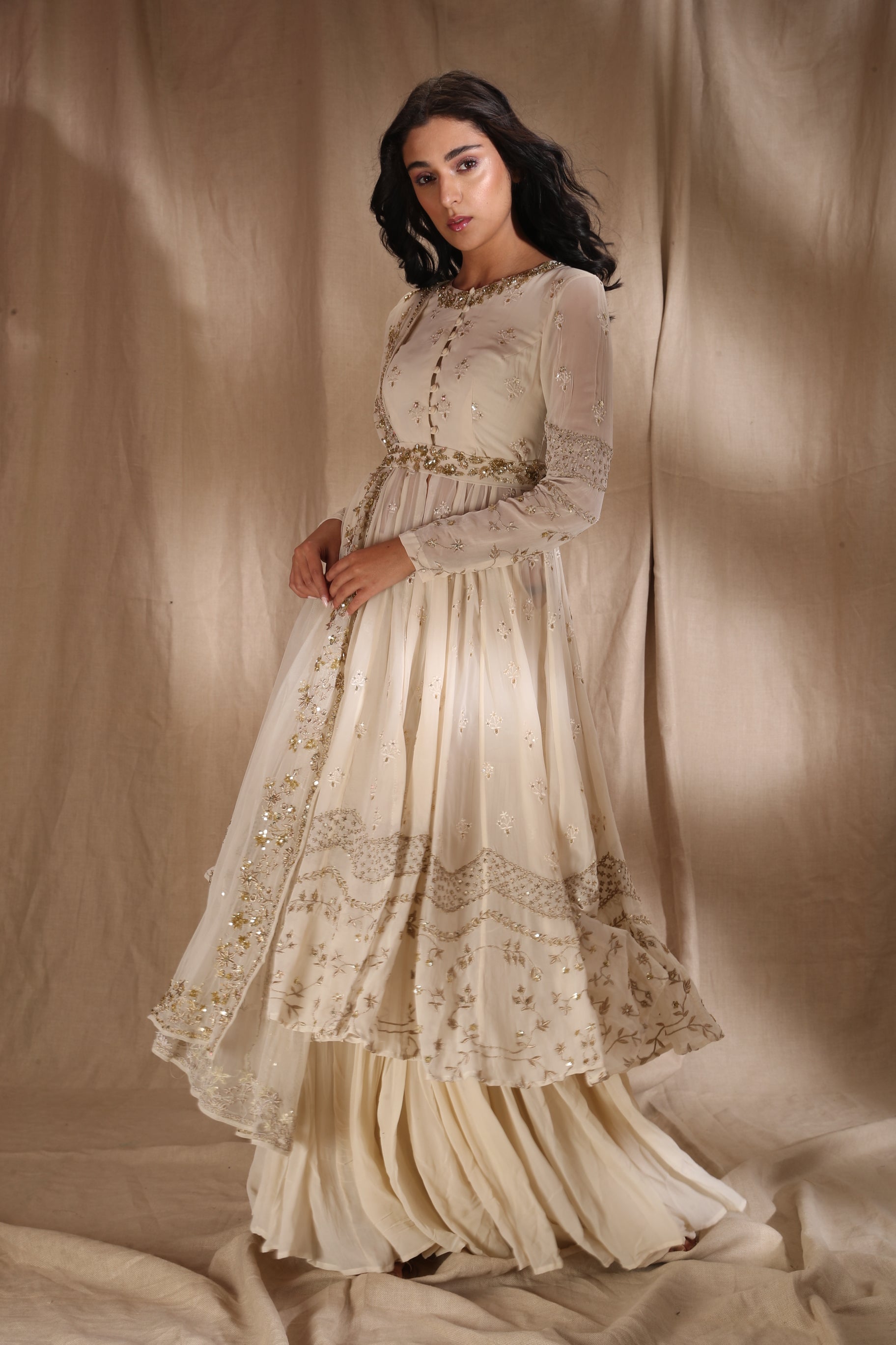 White And Gold Zari Front Open Jacket Set