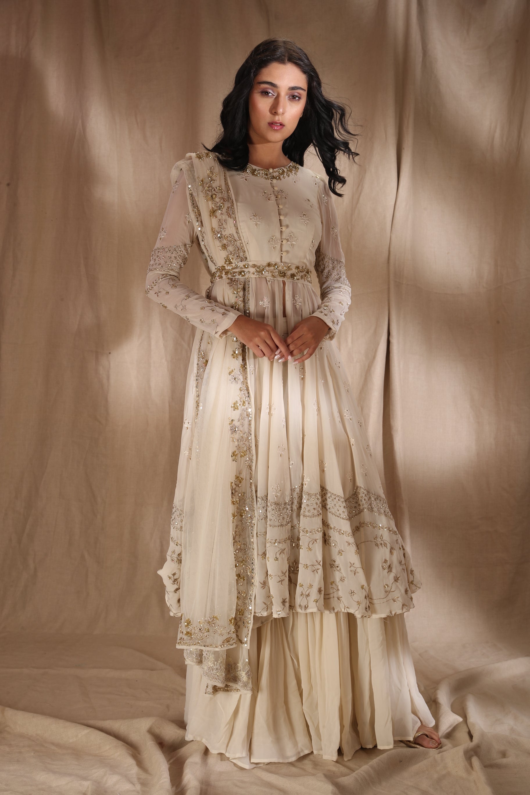 White And Gold Zari Front Open Jacket Set