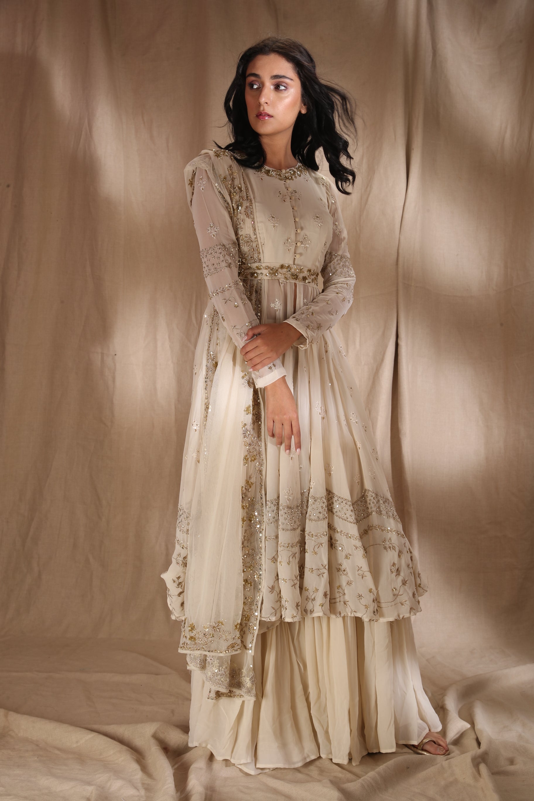 White And Gold Zari Front Open Jacket Set