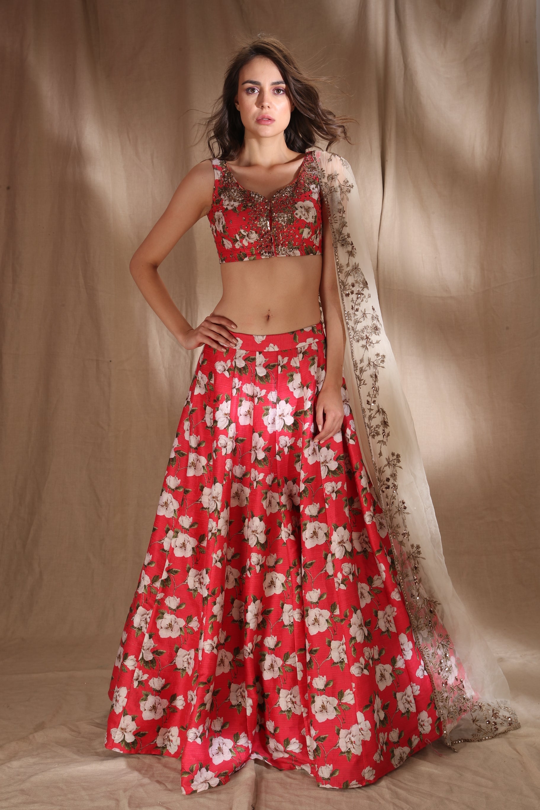 Hot Pink Floral Raw Silk Printed Lehenga