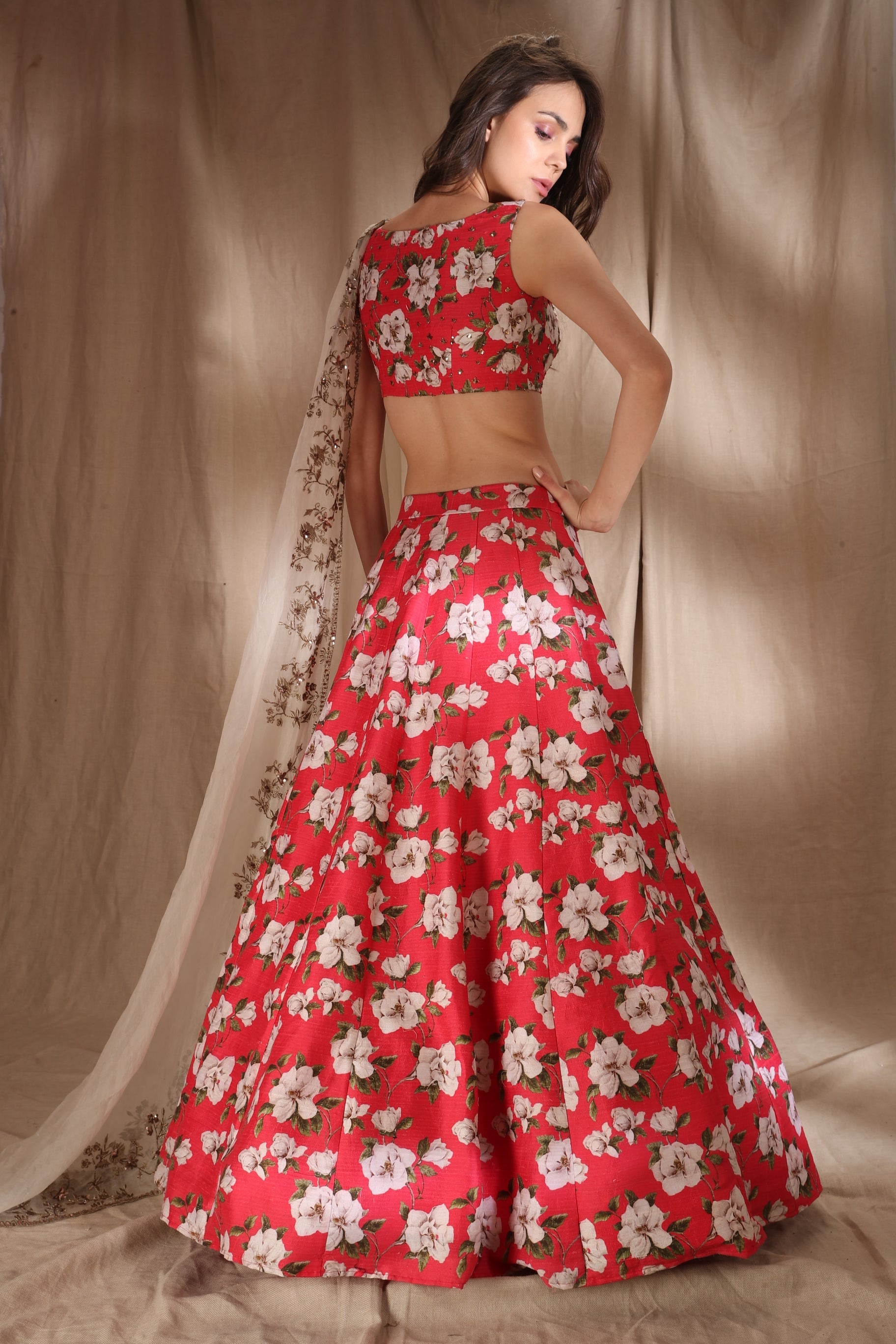 Hot Pink Floral Raw Silk Printed Lehenga