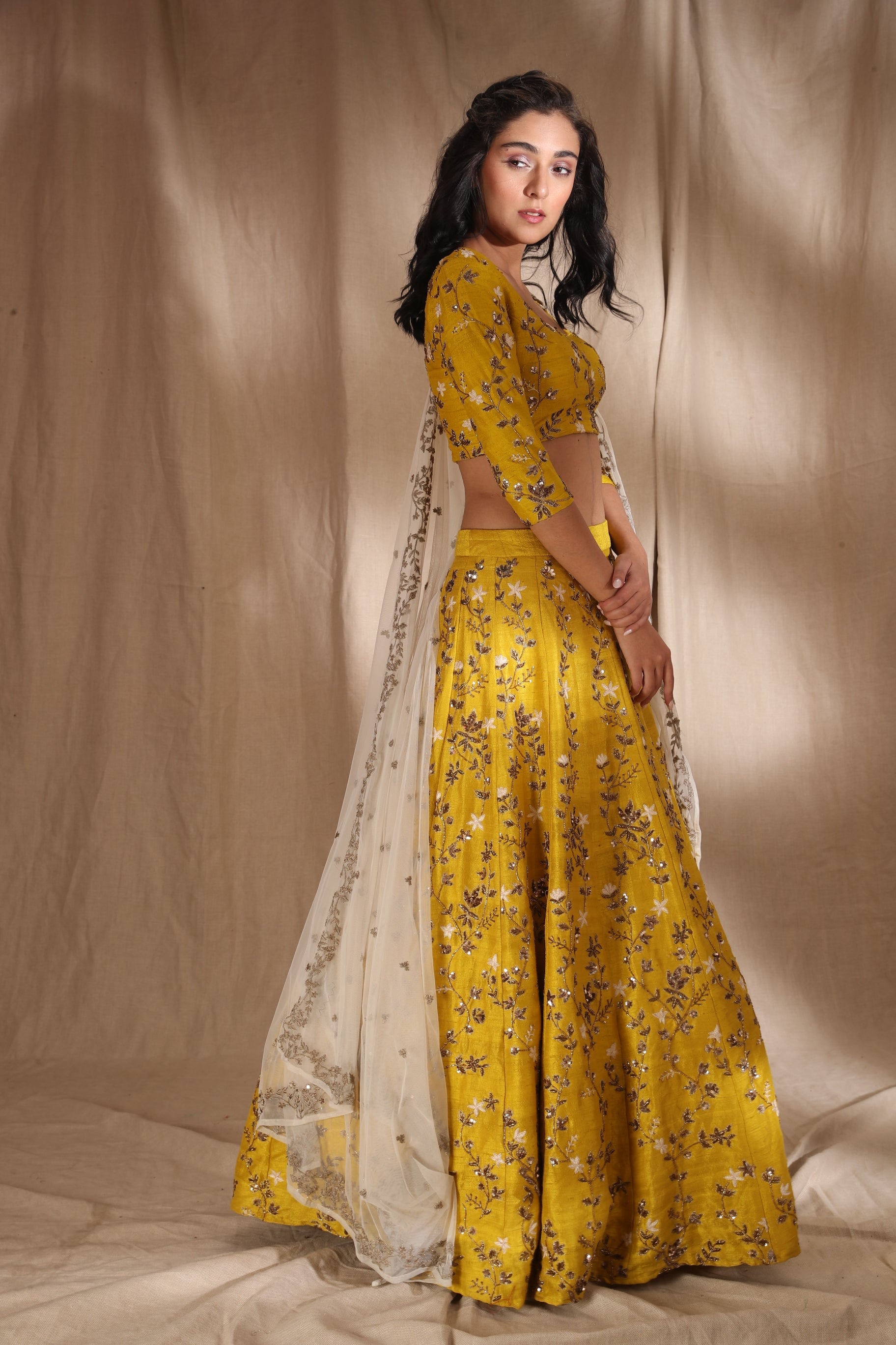 Mustard Zari Lehenga With Of White Dupatta