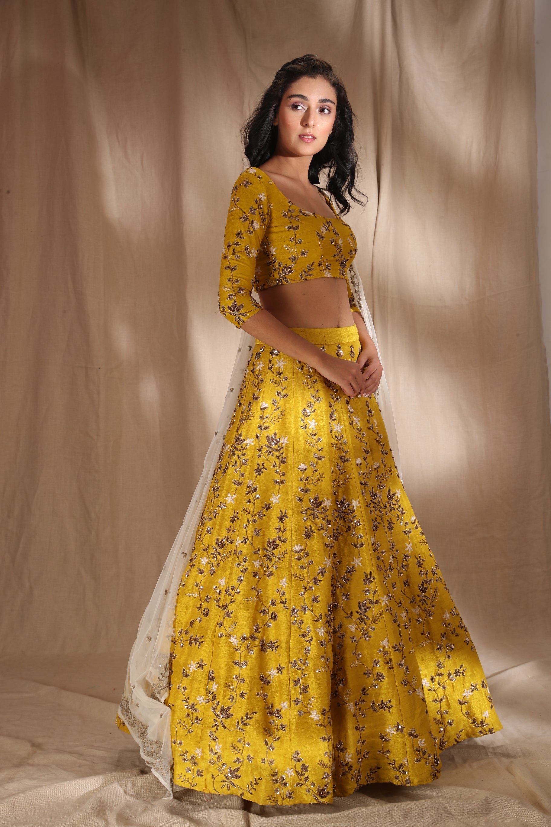 Mustard Zari Lehenga With Of White Dupatta