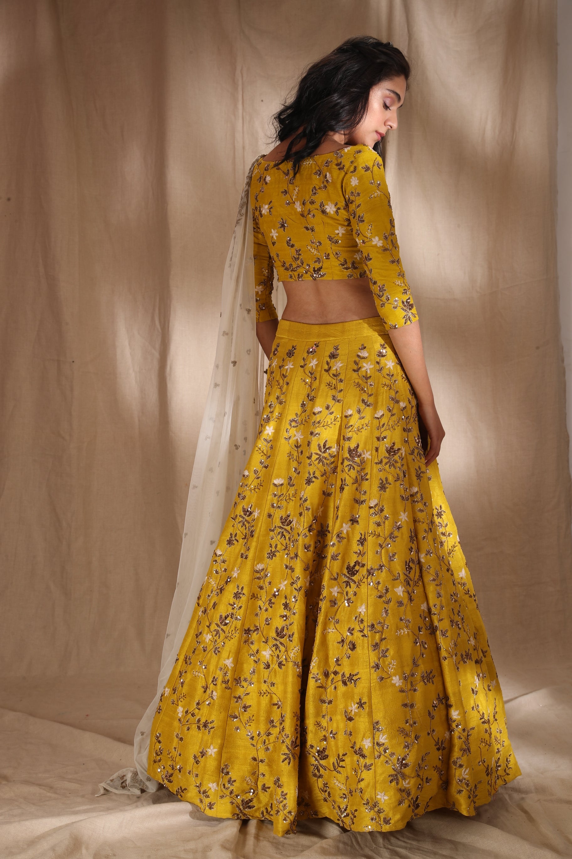 Mustard Zari Lehenga With Of White Dupatta