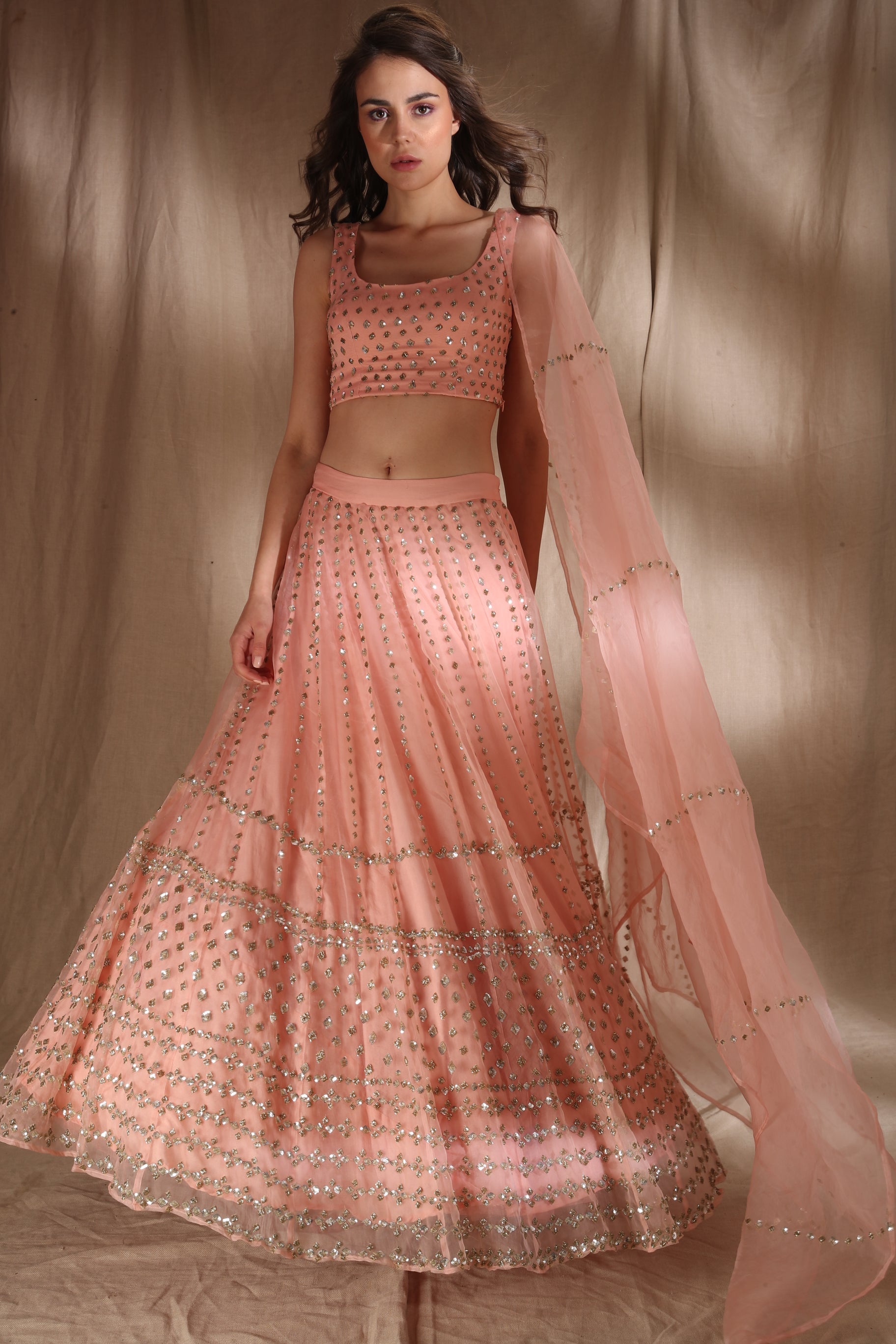 Peach Pink And Silver Sequin Lehenga