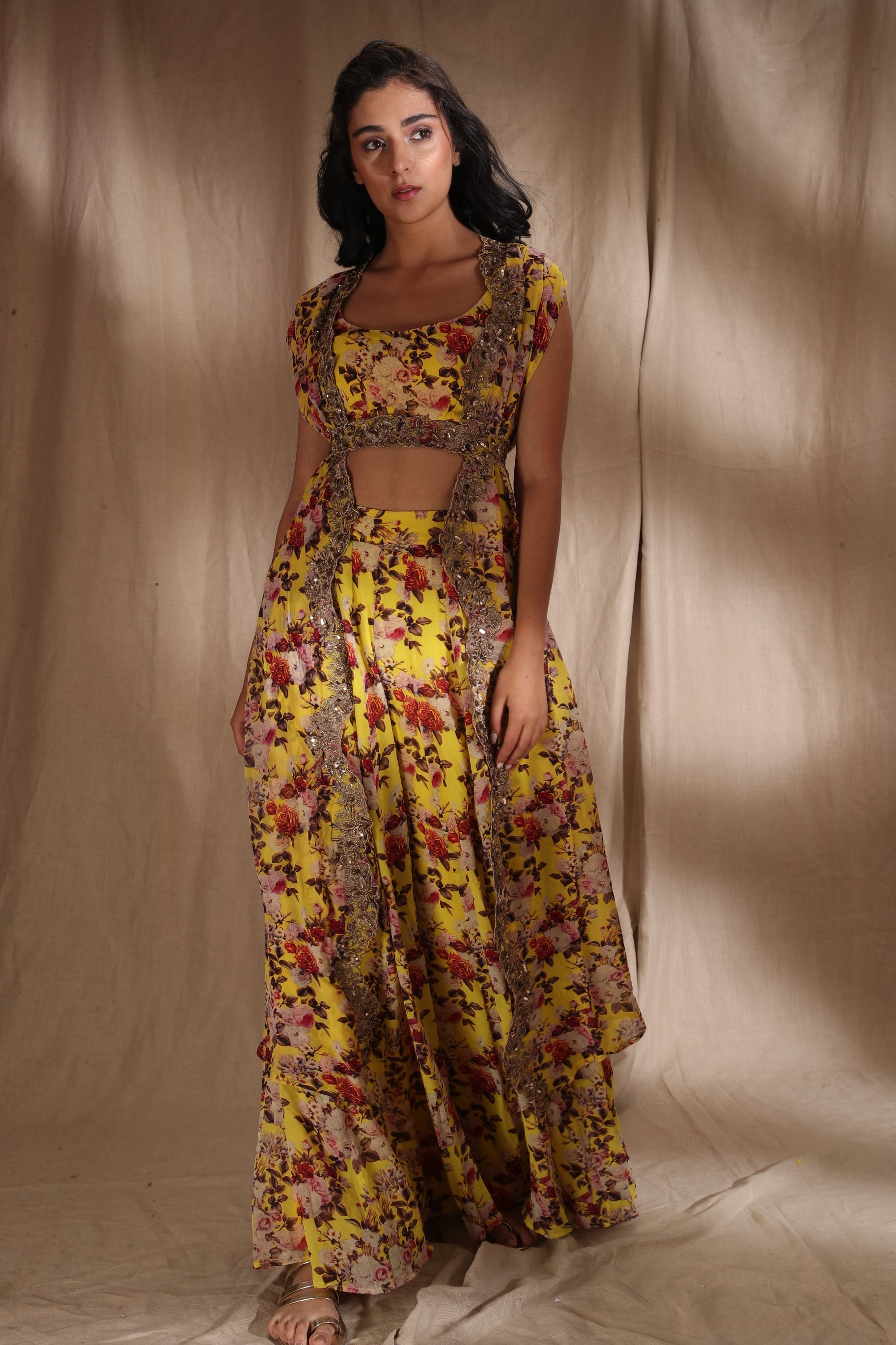 Mustard Floral Crop Top With Sharara Pants
