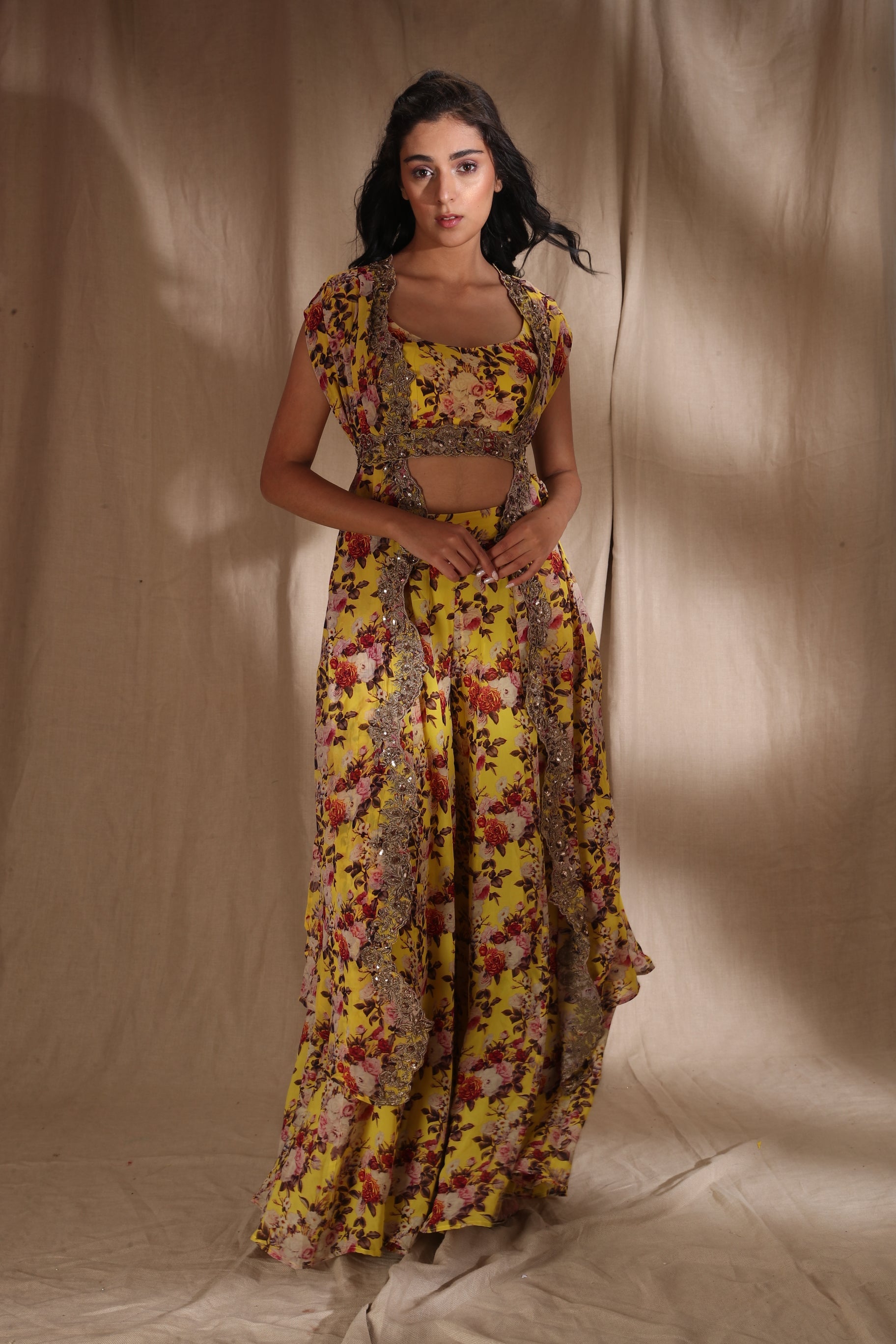 Mustard Floral Crop Top With Sharara Pants