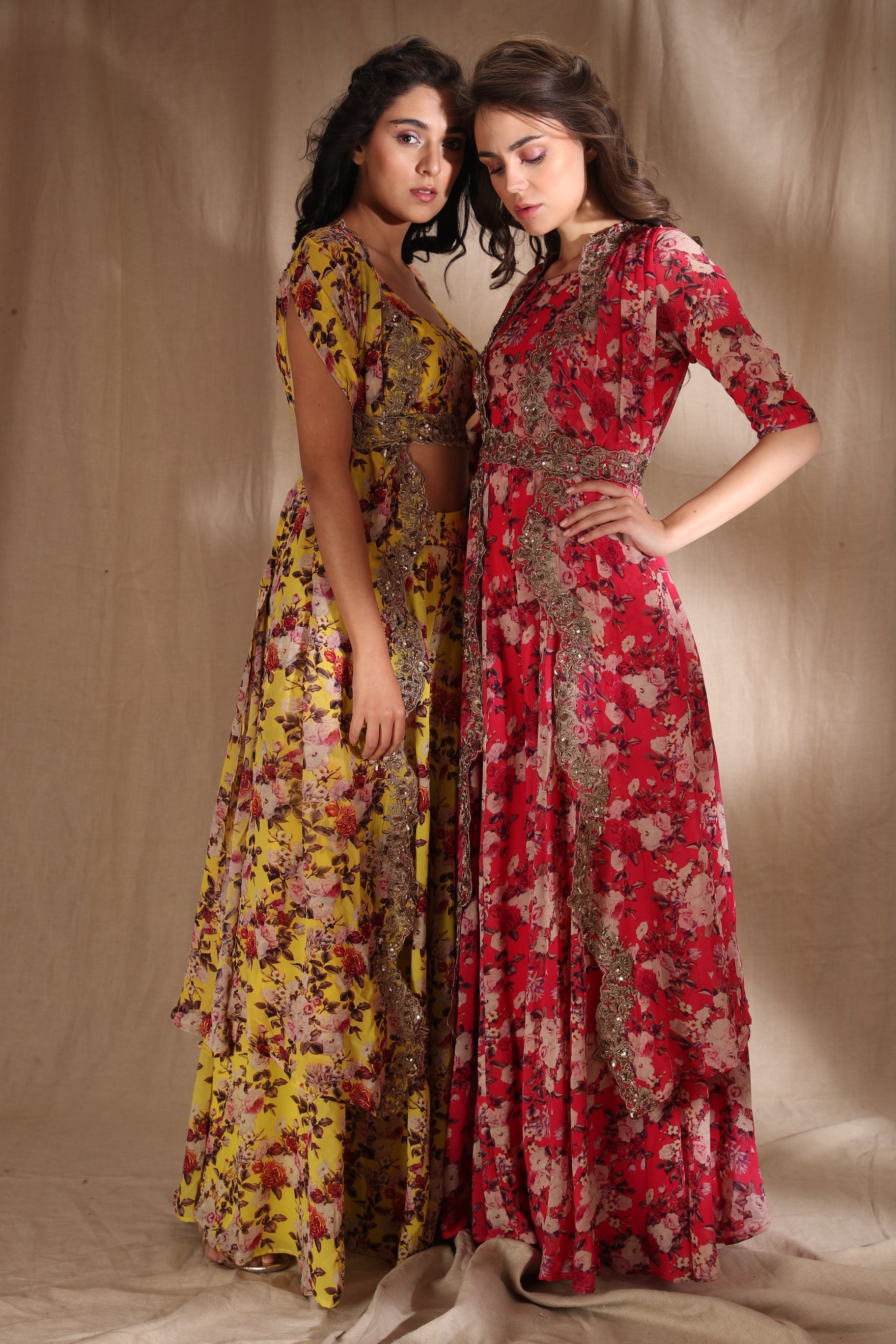Mustard Floral Crop Top With Sharara Pants