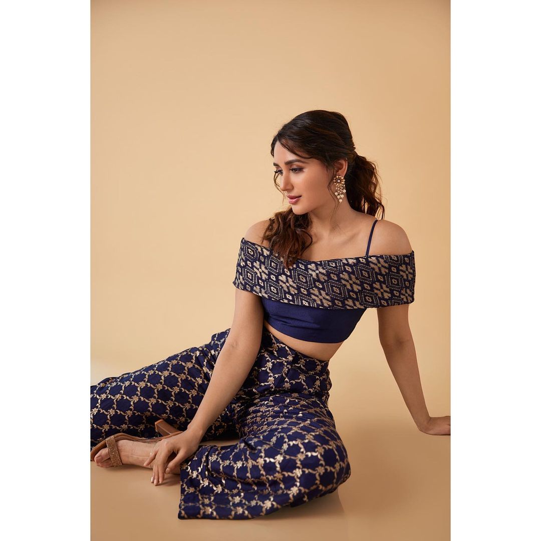 Nikita Dutta in Marigold Brocade Strappy Co-Ord Set