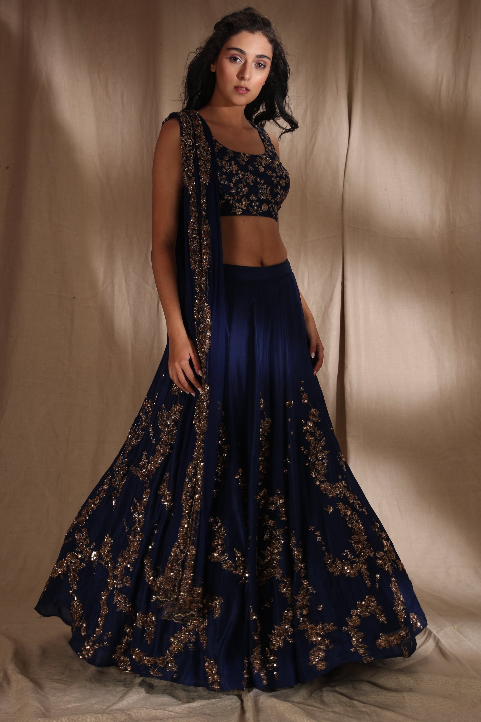 Dark Blue And Gold Lehenga Set