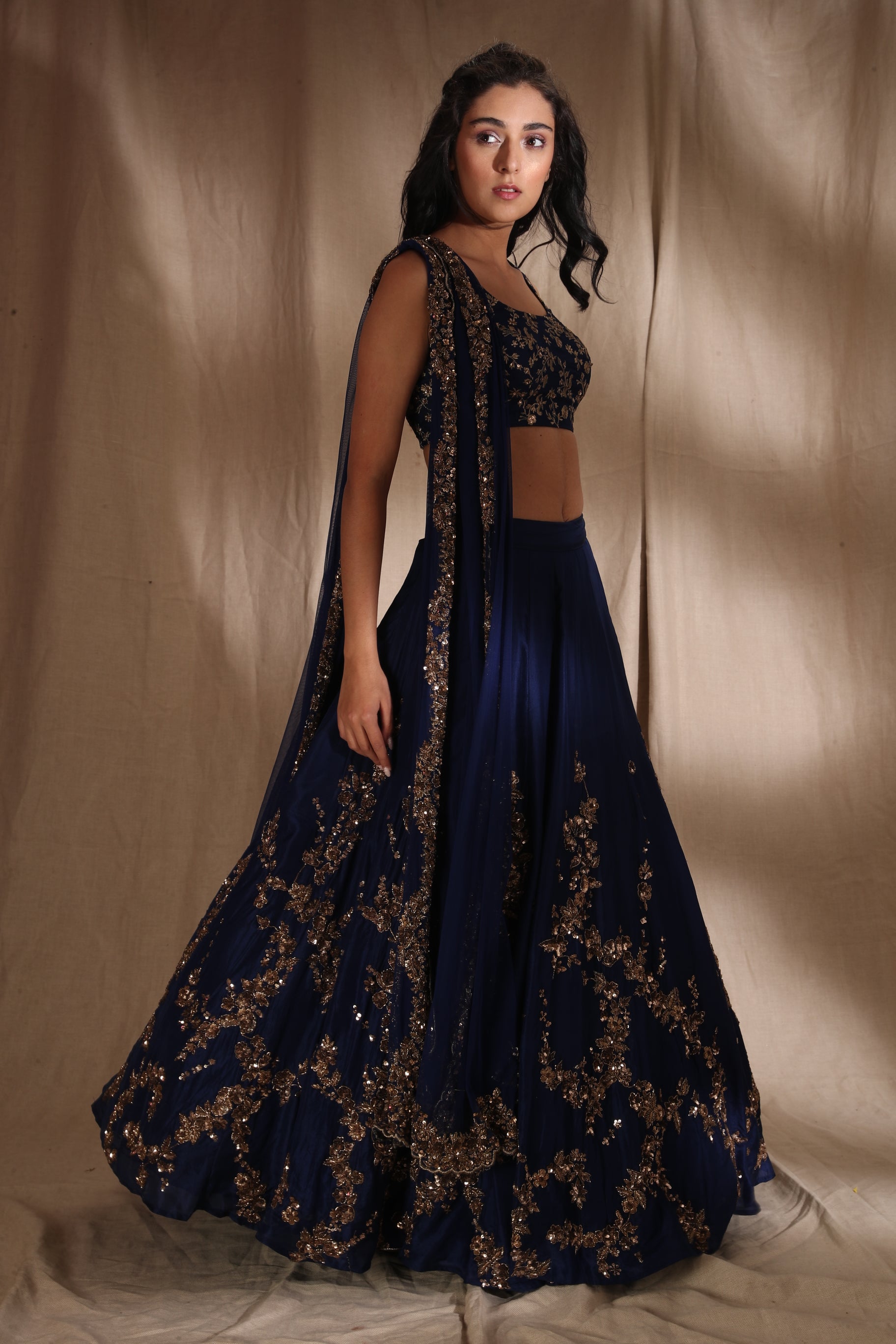Dark Blue And Gold Lehenga Set