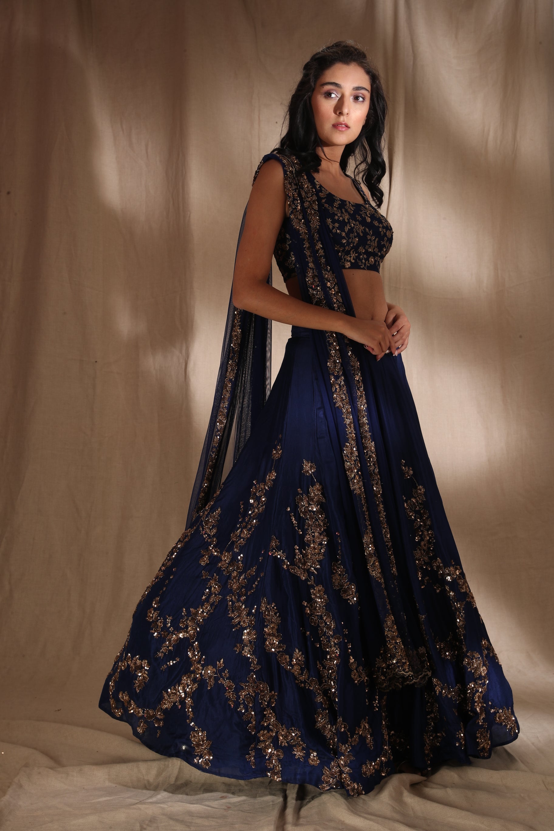 Dark Blue And Gold Lehenga Set