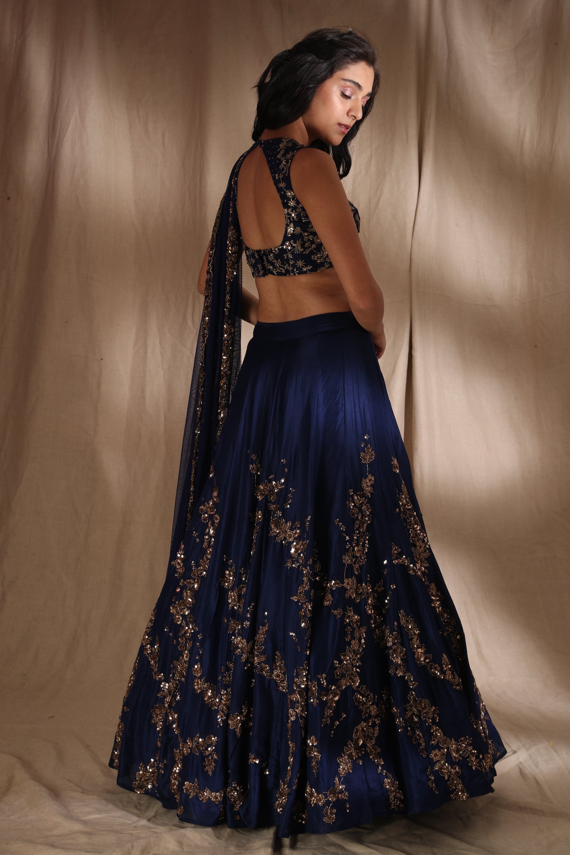 Dark Blue And Gold Lehenga Set