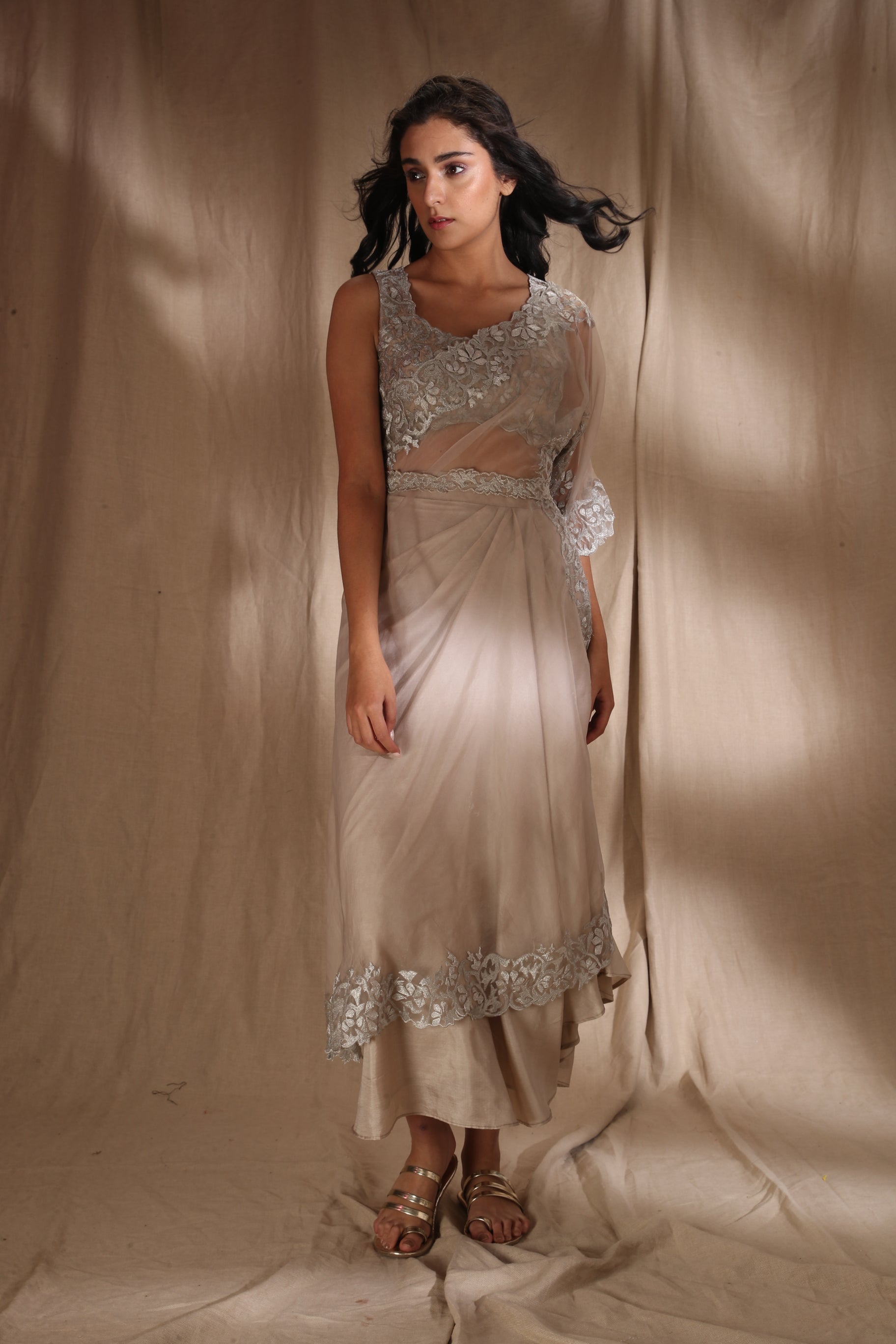 Silver And Light Gold Saree