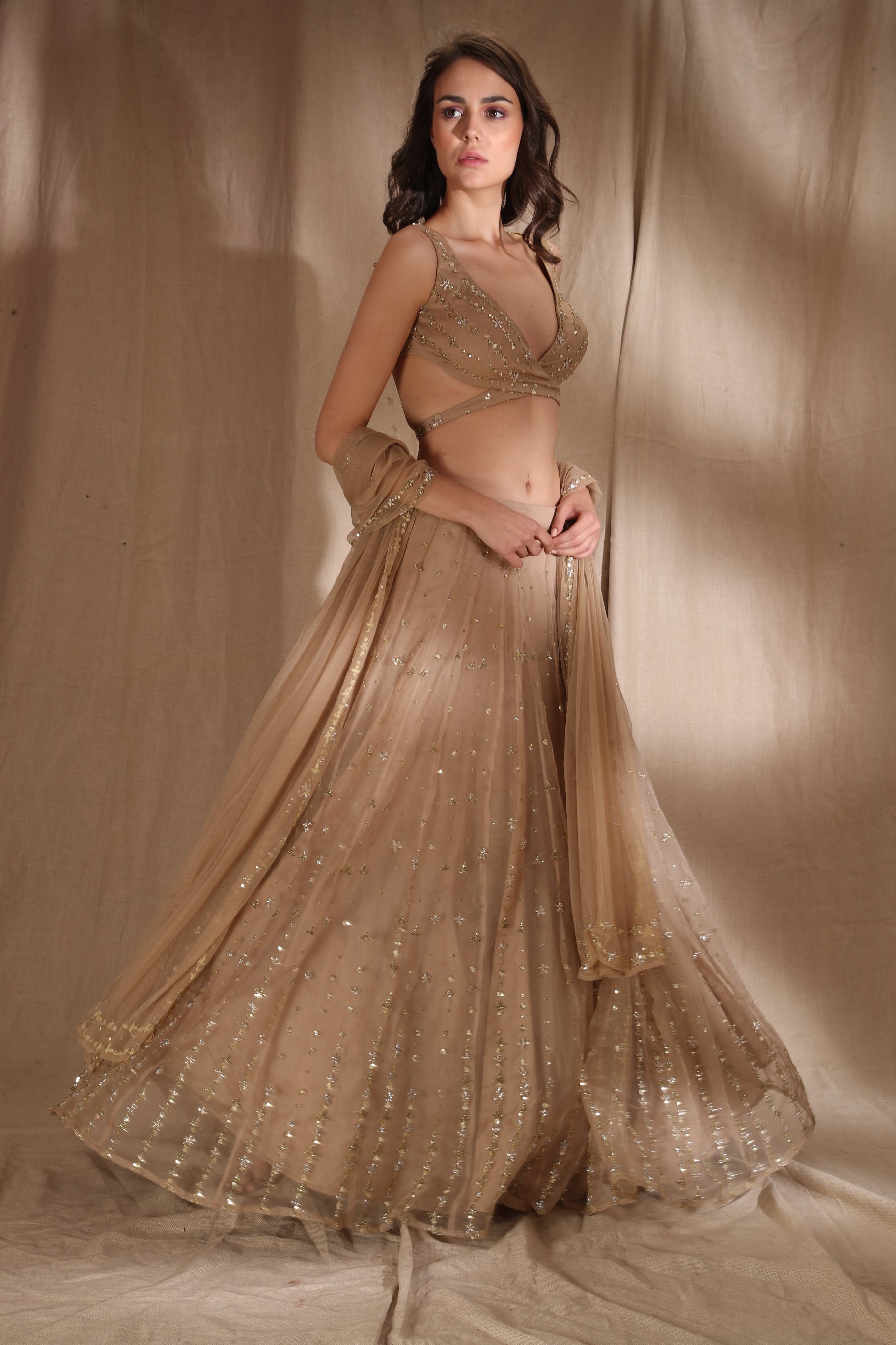 Pale Brown And Gold Lehenga