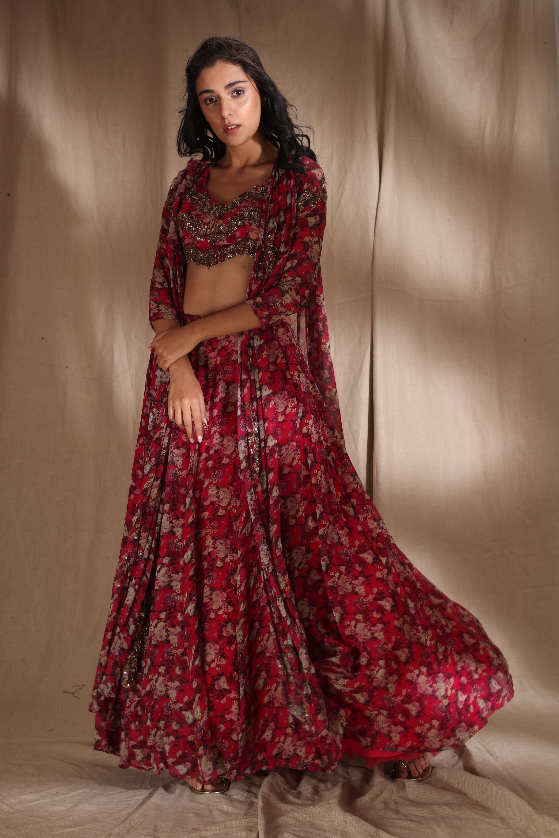 Hot Pink Floral Lehenga With Cape