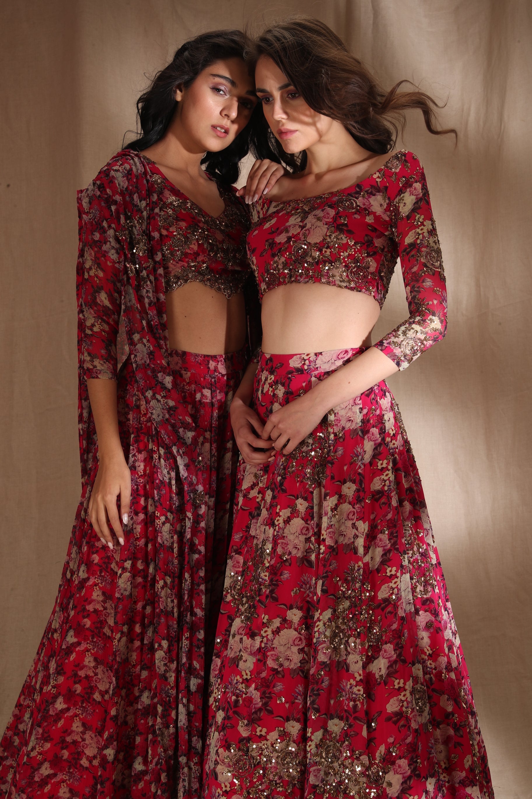 Hot Pink Floral Lehenga With Cape