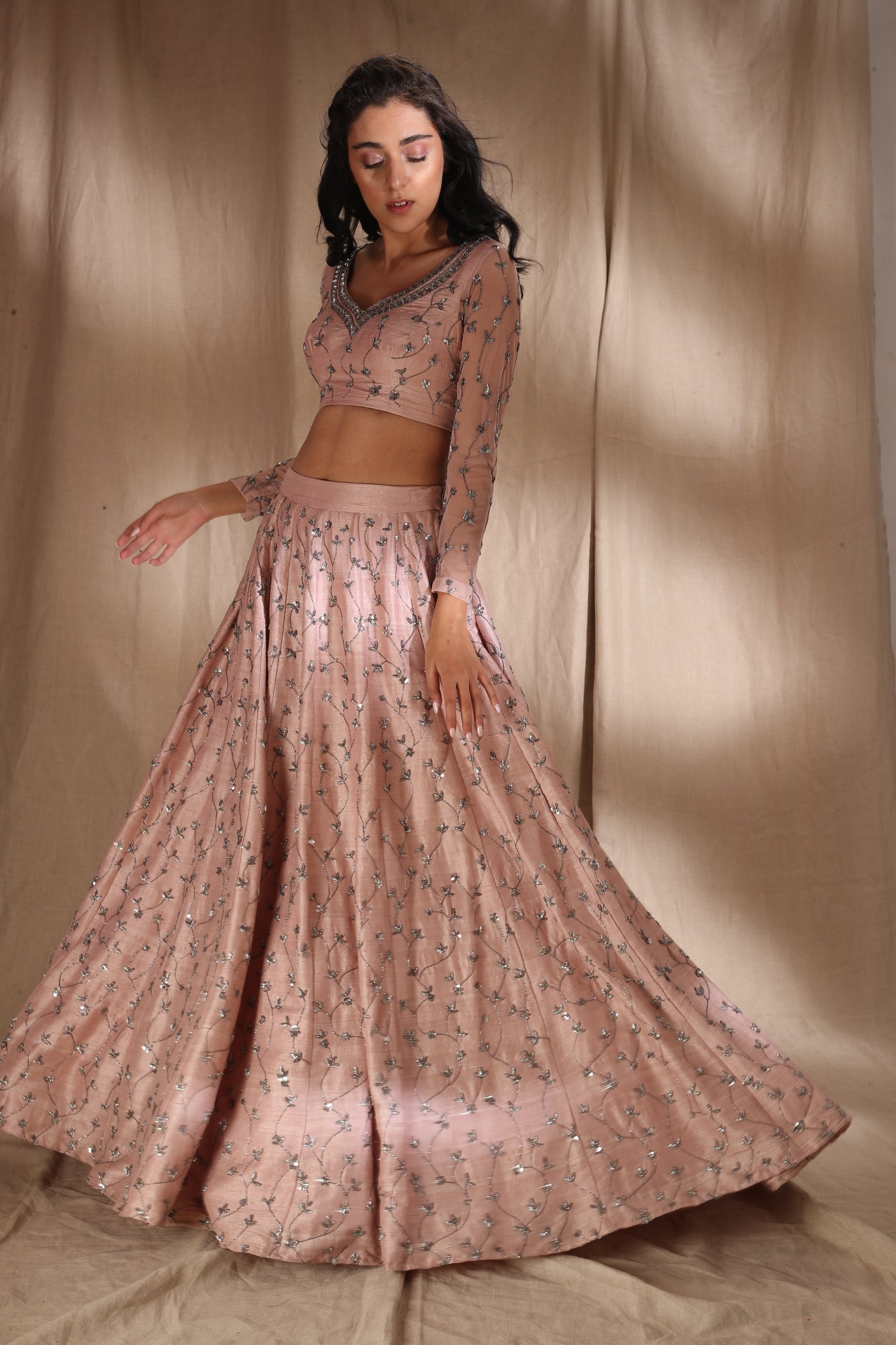 Pale Pink Raw Silk Lehenga